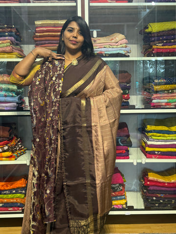 Butter Mysore silk saree with vintage checks: chikoo