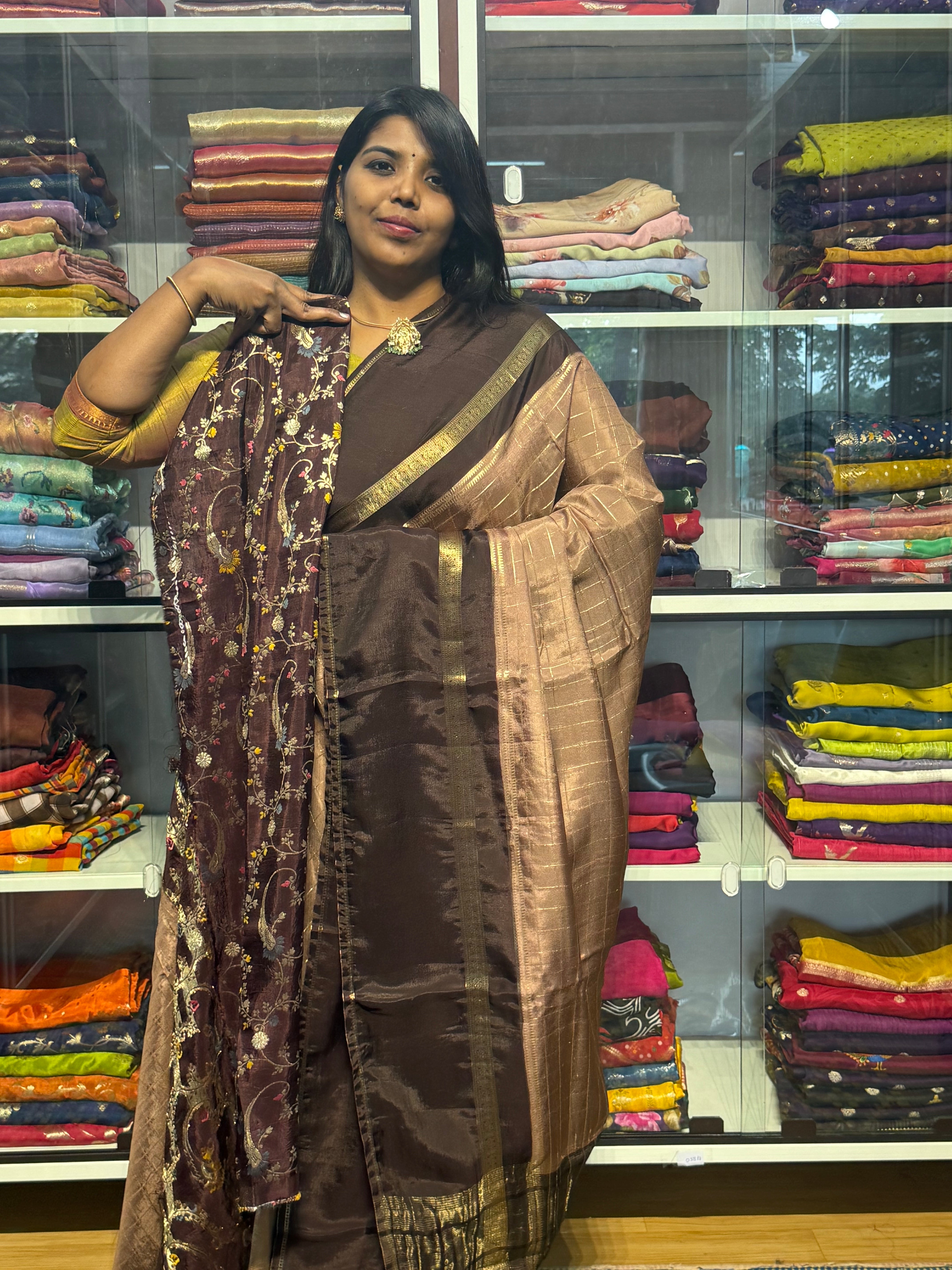 Butter Mysore silk saree with vintage checks: chikoo