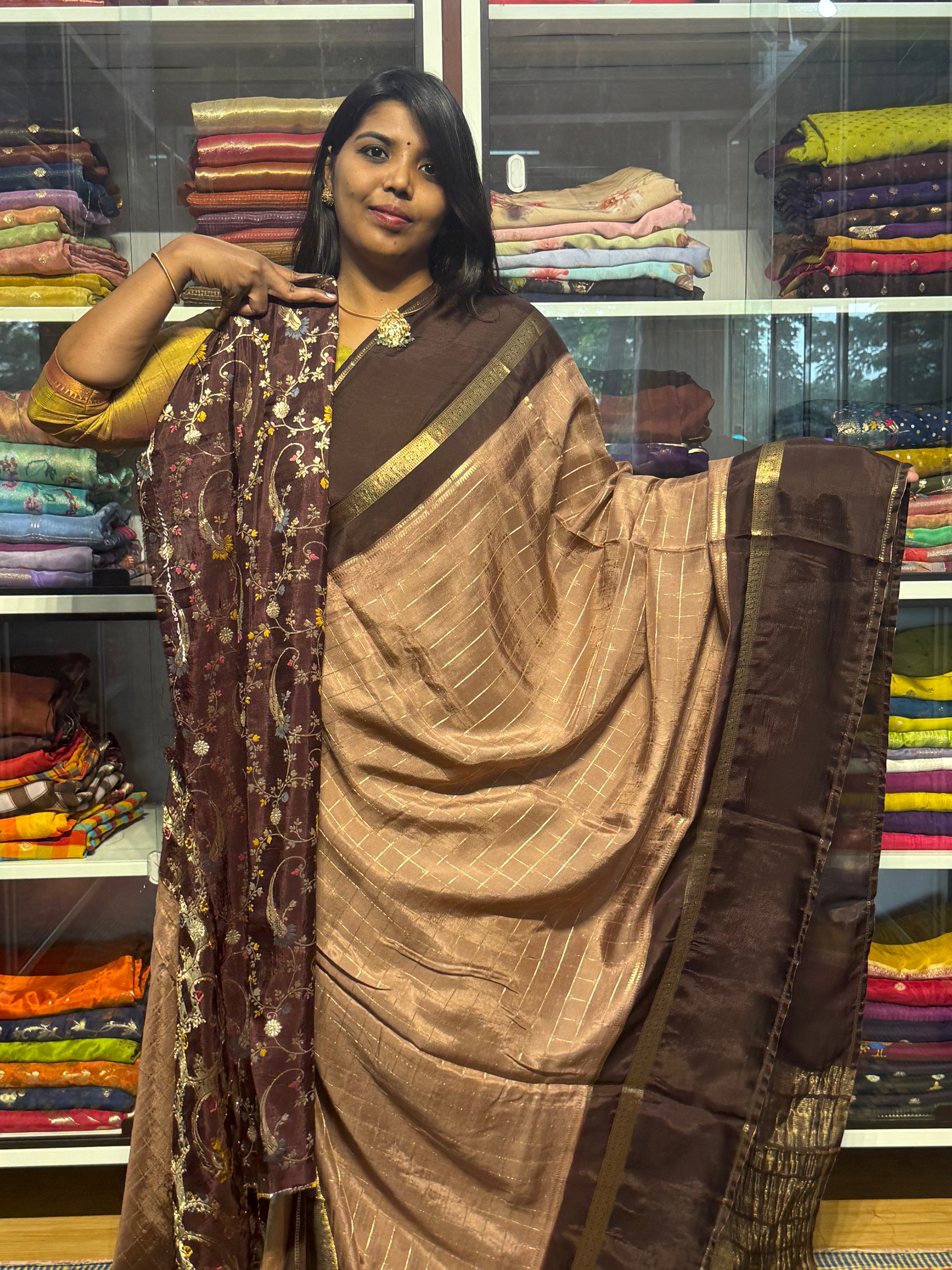 Butter Mysore silk saree with vintage checks: chikoo