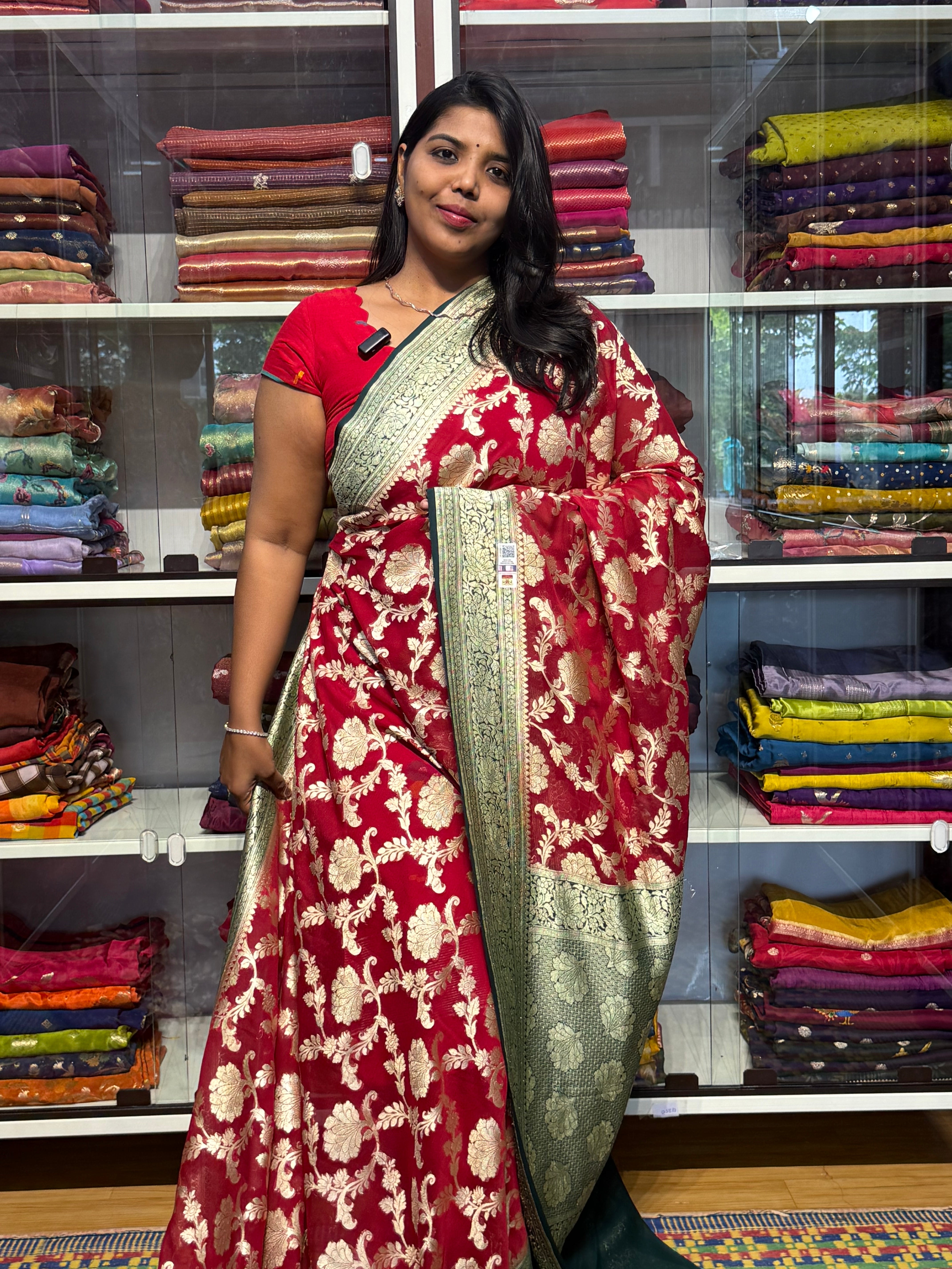 Silk mark certified pure banaras khaddi georgette handloom saree with jaal pattern: Red