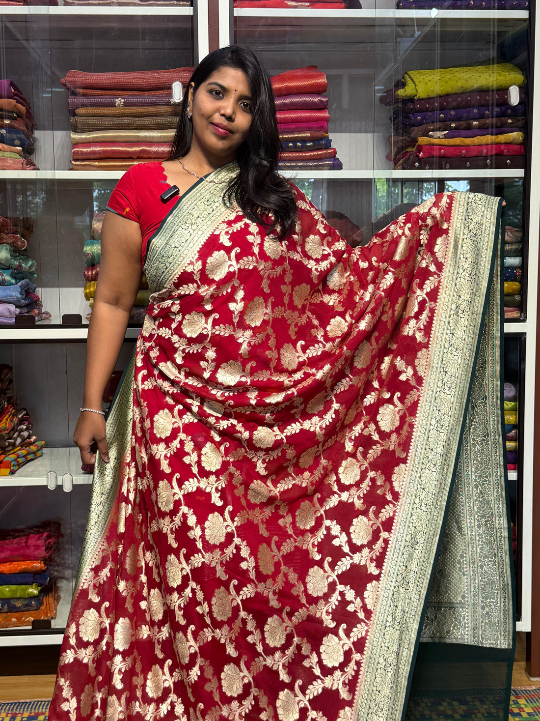 Silk mark certified pure banaras khaddi georgette handloom saree with jaal pattern: Red