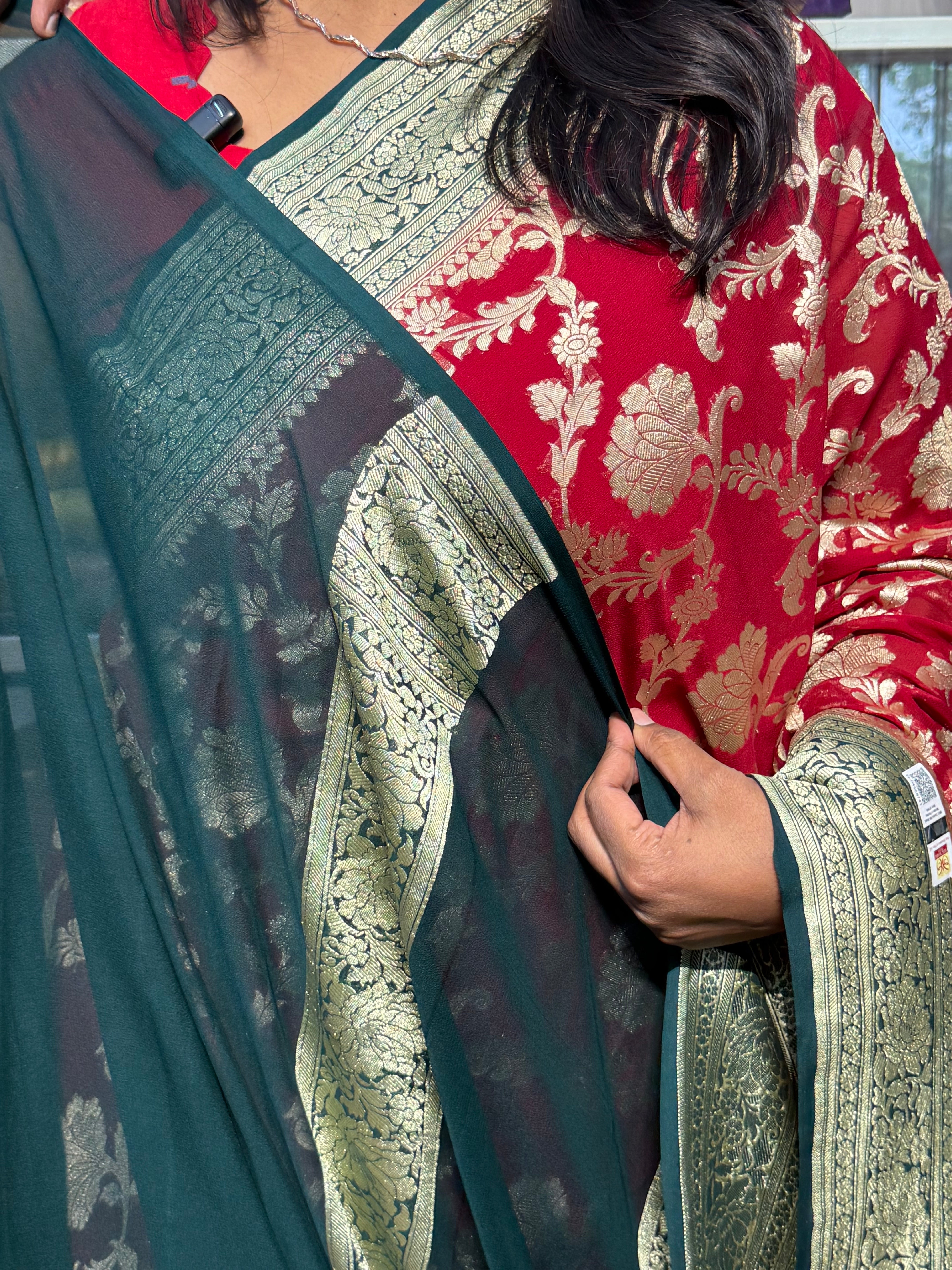 Silk mark certified pure banaras khaddi georgette handloom saree with jaal pattern: Red