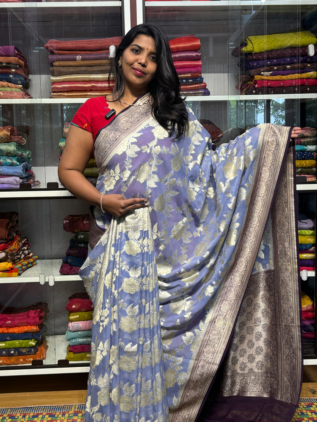 Silk mark certified pure banaras khaddi georgette handloom saree with jaal pattern: powder blue