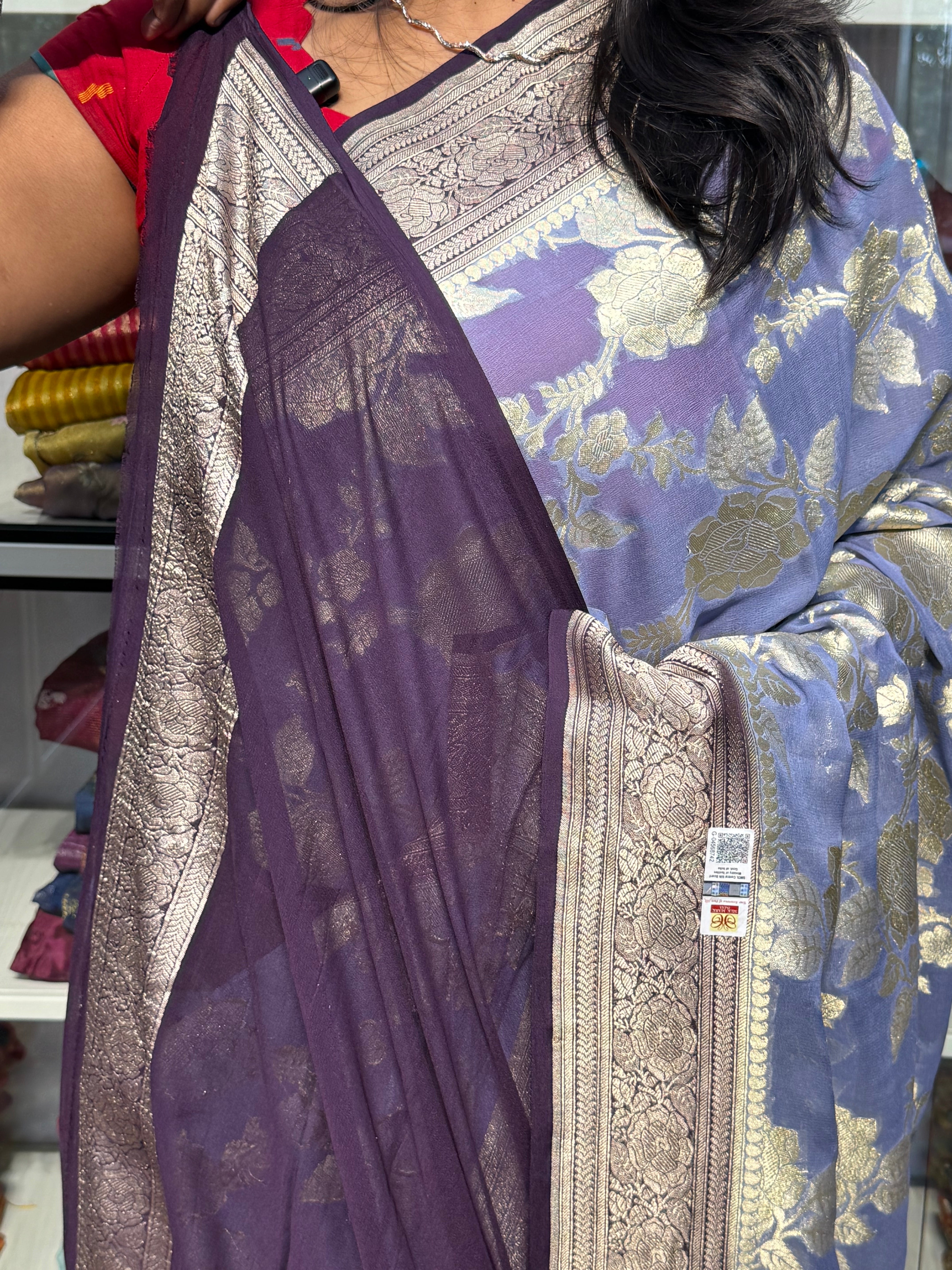 Silk mark certified pure banaras khaddi georgette handloom saree with jaal pattern: powder blue
