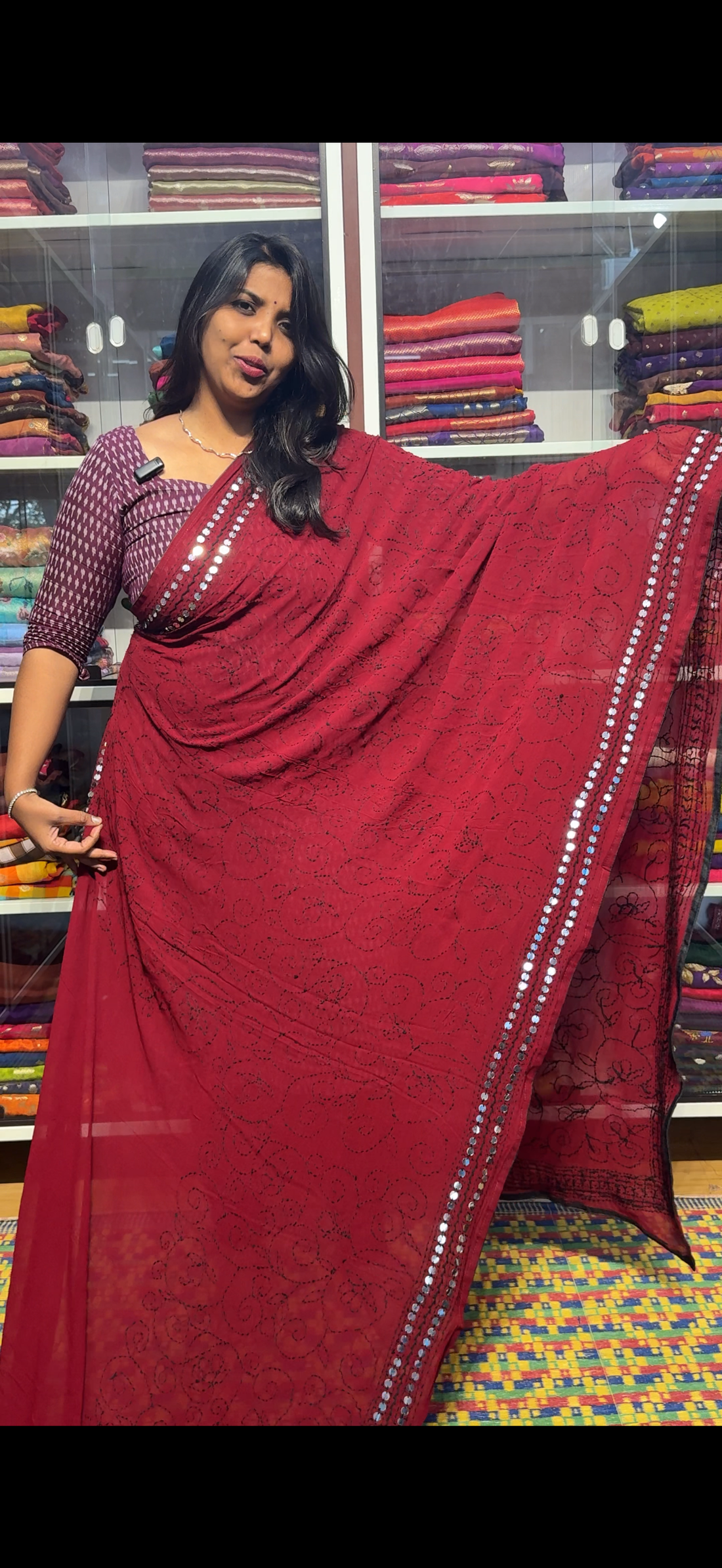 Exclusive designer saree with mirror work, hand kaatha work with creeper concept and heavy work blouse: maroon