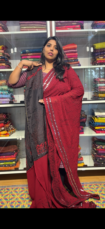Exclusive designer saree with mirror work, hand kaatha work with creeper concept and heavy work blouse: maroon