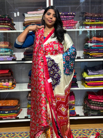 Modal gajji silk saree with tissue pallu and multicolor patola print