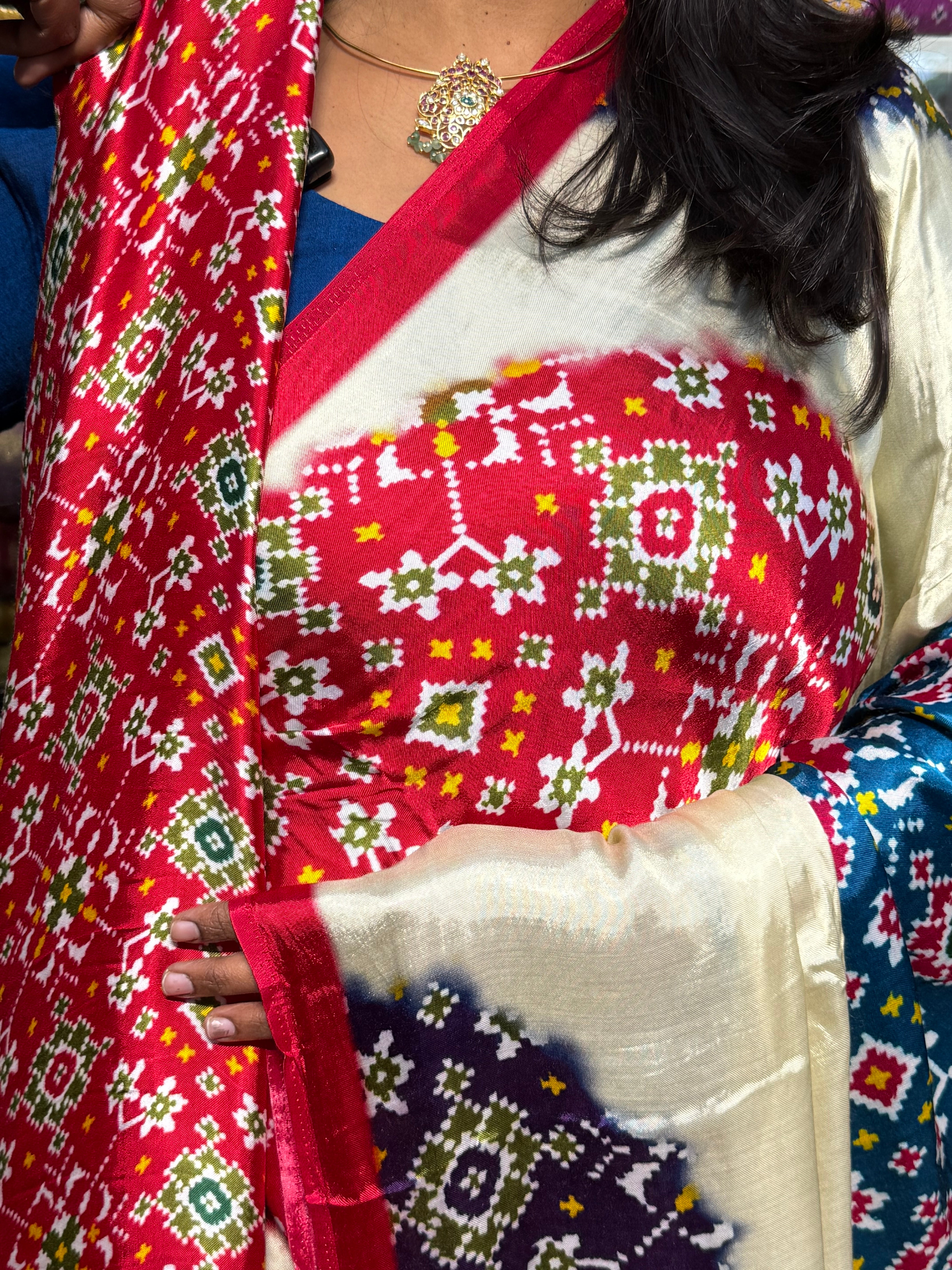 Modal gajji silk saree with tissue pallu and multicolor patola print