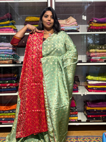 PURE TISSUE SILK WITH SCALLOP BORDER AND IKKAT PATOLA BLOUSE :SEA GREEN