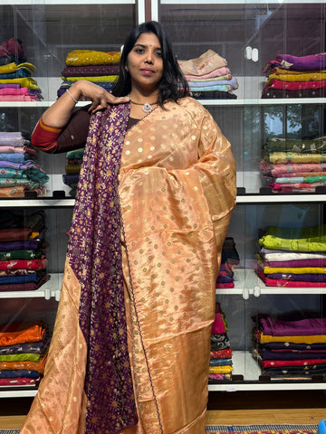 PURE TISSUE SILK WITH SCALLOP BORDER AND IKKAT PATOLA BLOUSE : PEACH