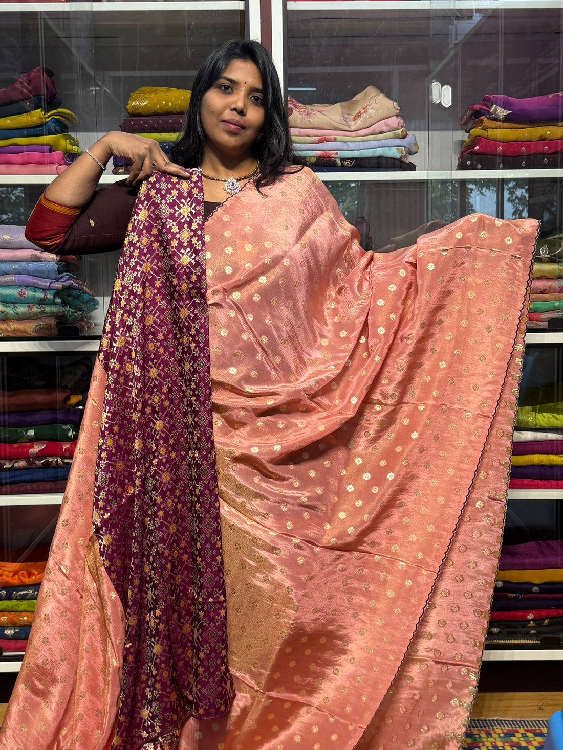 PURE TISSUE SILK WITH SCALLOP BORDER AND IKKAT PATOLA BLOUSE : BABY PINK