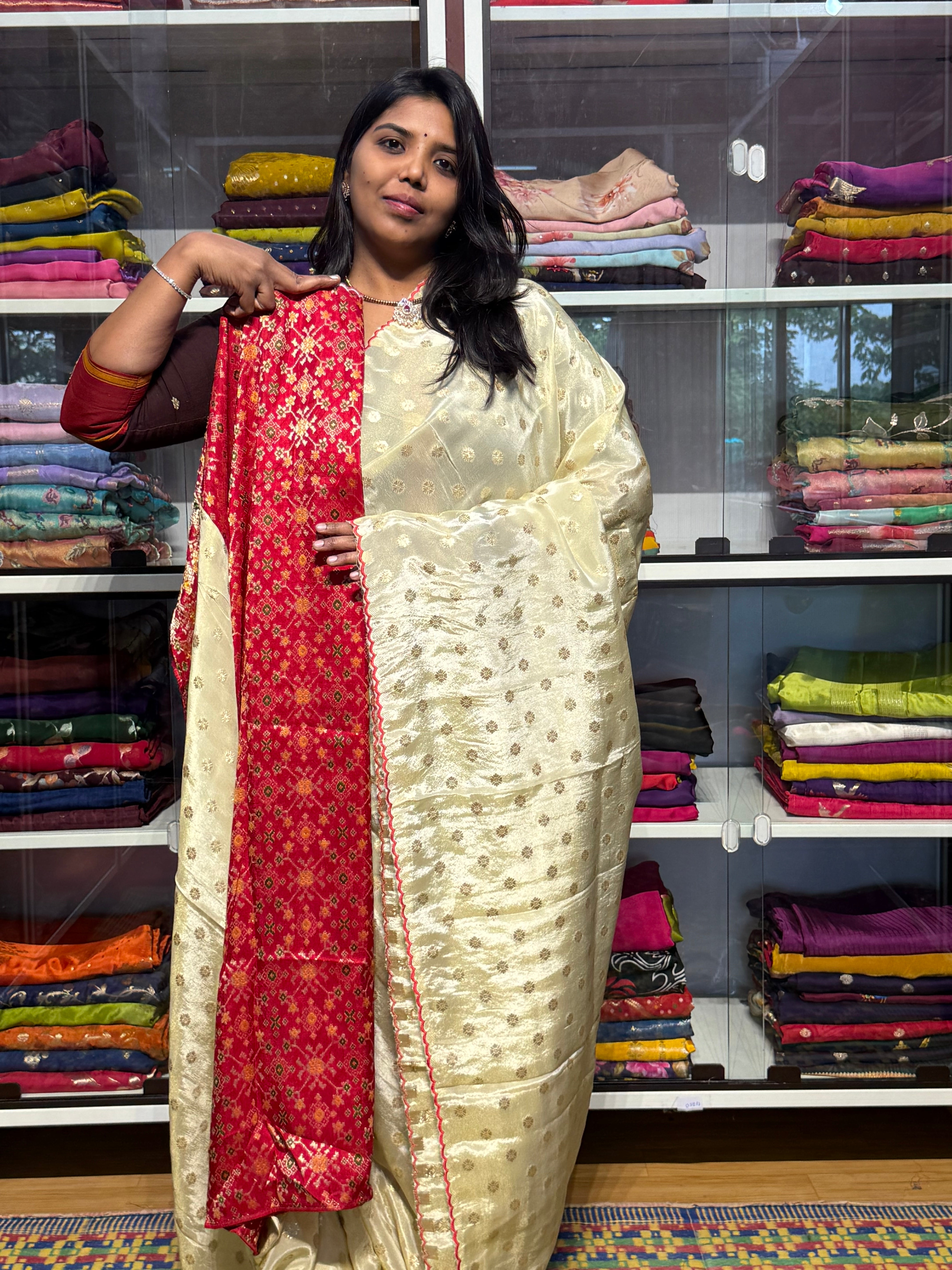 PURE TISSUE SILK SAREE WITH SCALLOP EMBROIDERY AND IKKAT PATOLA BLOUSE: HALF WHITE