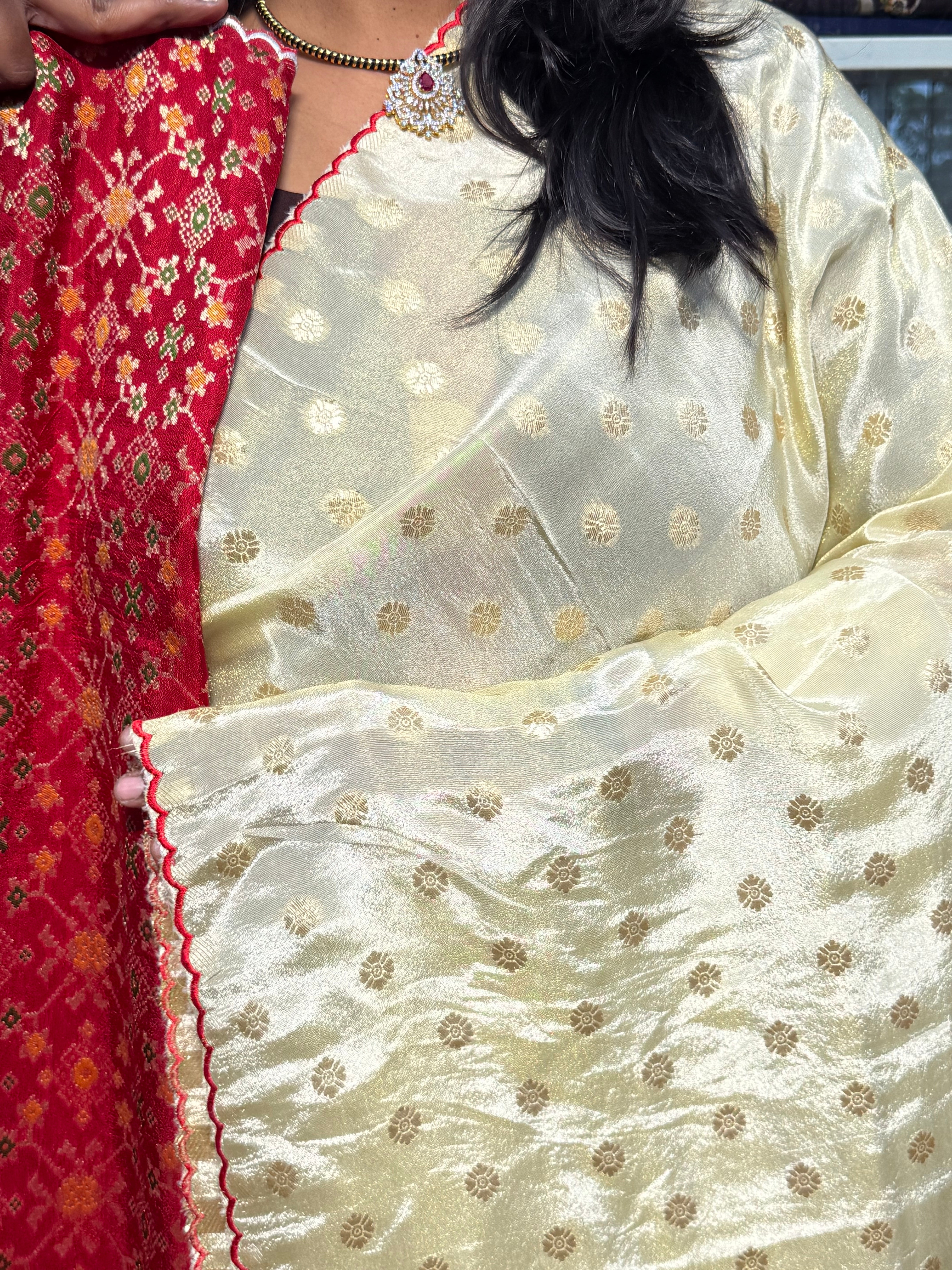 PURE TISSUE SILK SAREE WITH SCALLOP EMBROIDERY AND IKKAT PATOLA BLOUSE: HALF WHITE