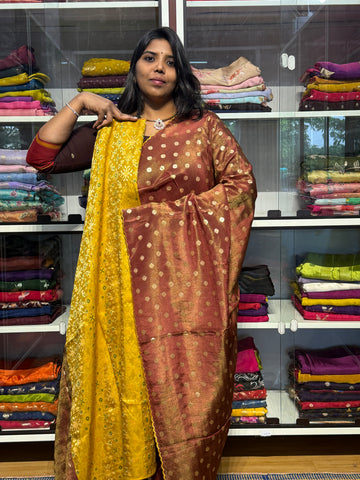 PURE TISSUE SILK SAREE WITH SCALLOP EMBROIDERY AND IKKAT PATOLA BLOUSE: COFFEE BROWN