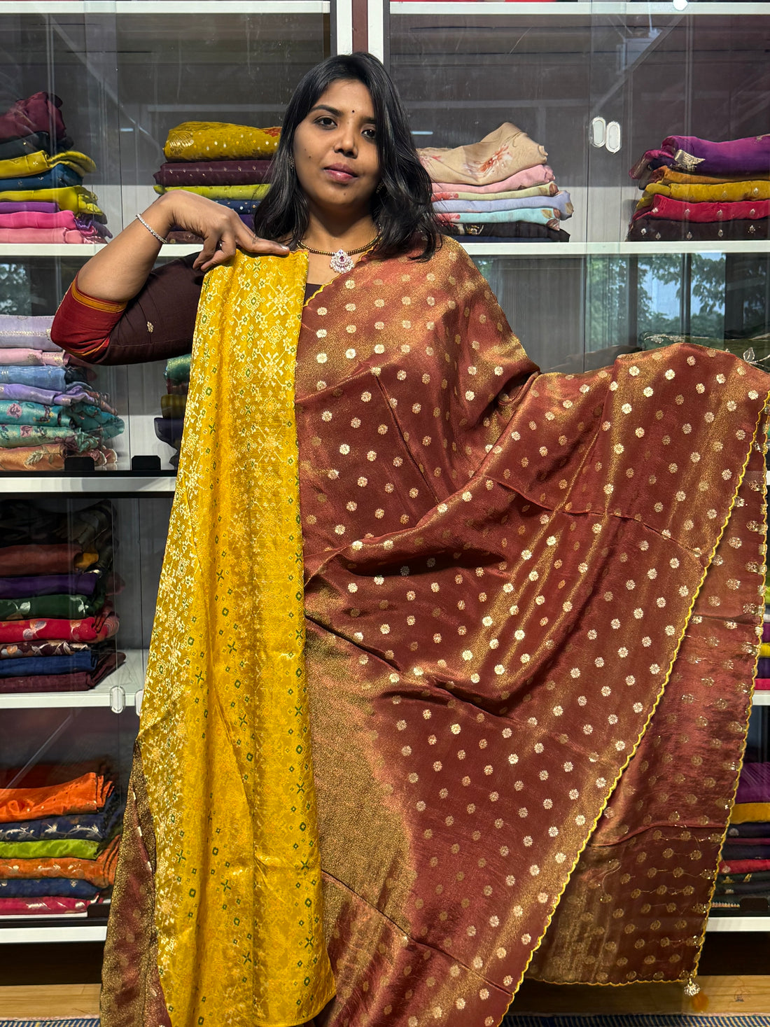 PURE TISSUE SILK SAREE WITH SCALLOP EMBROIDERY AND IKKAT PATOLA BLOUSE: COFFEE BROWN