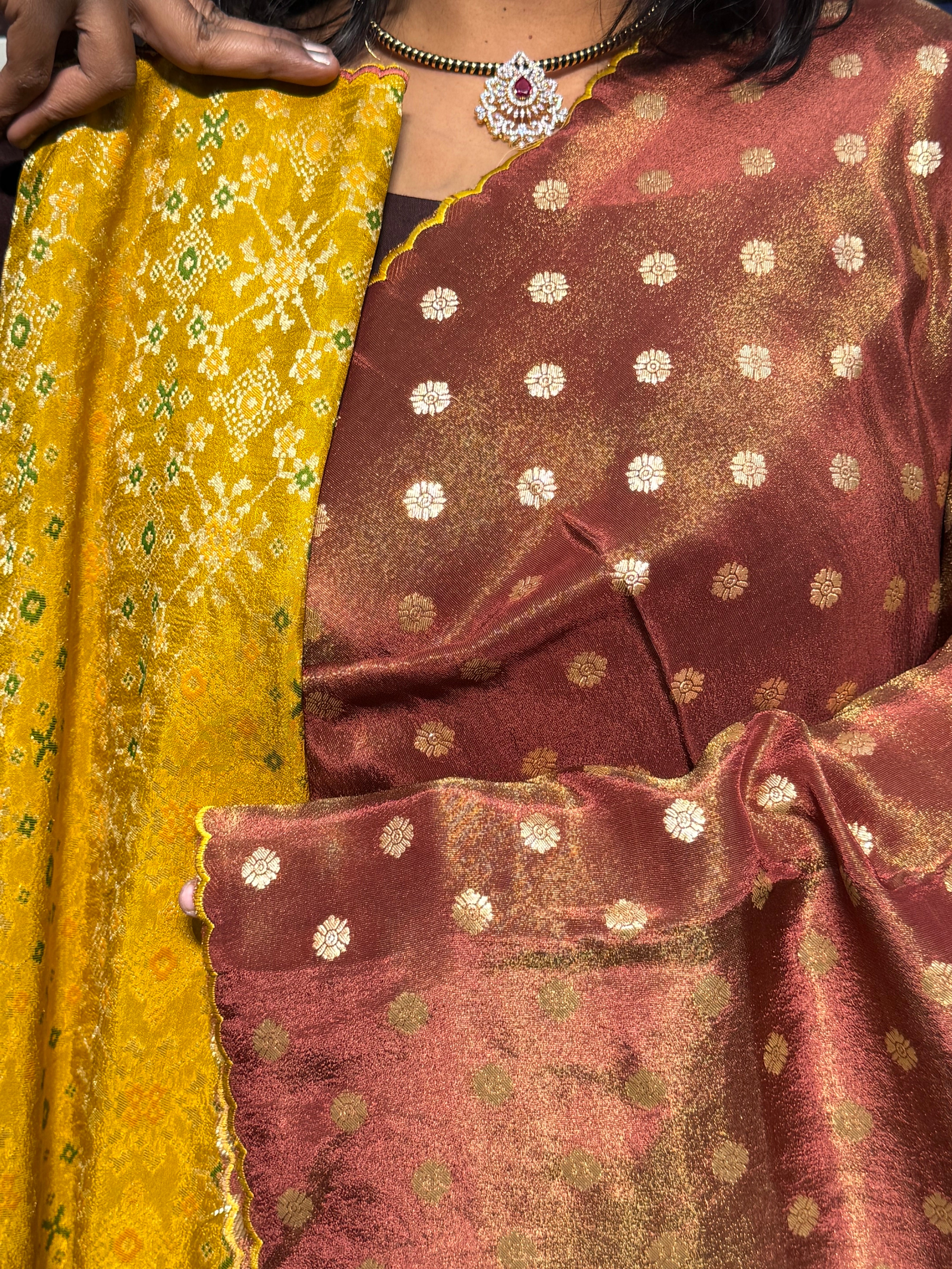 PURE TISSUE SILK SAREE WITH SCALLOP EMBROIDERY AND IKKAT PATOLA BLOUSE: COFFEE BROWN