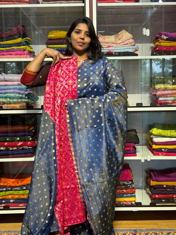 PURE TISSUE SILK SAREE WITH SCALLOP EMBROIDERY AND IKKAT PATOLA BLOUSE: GERMAN BLUE