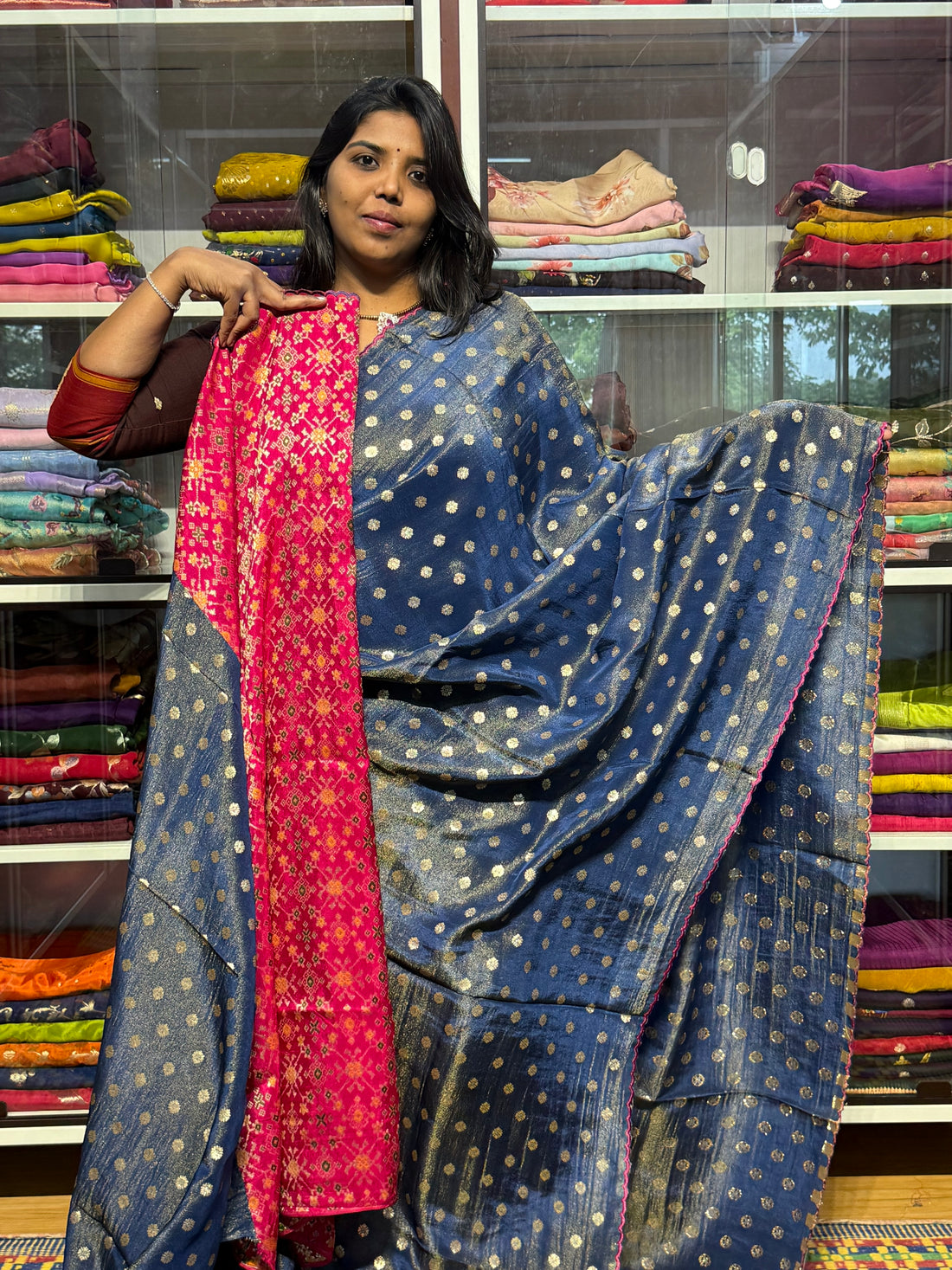 PURE TISSUE SILK SAREE WITH SCALLOP EMBROIDERY AND IKKAT PATOLA BLOUSE: GERMAN BLUE