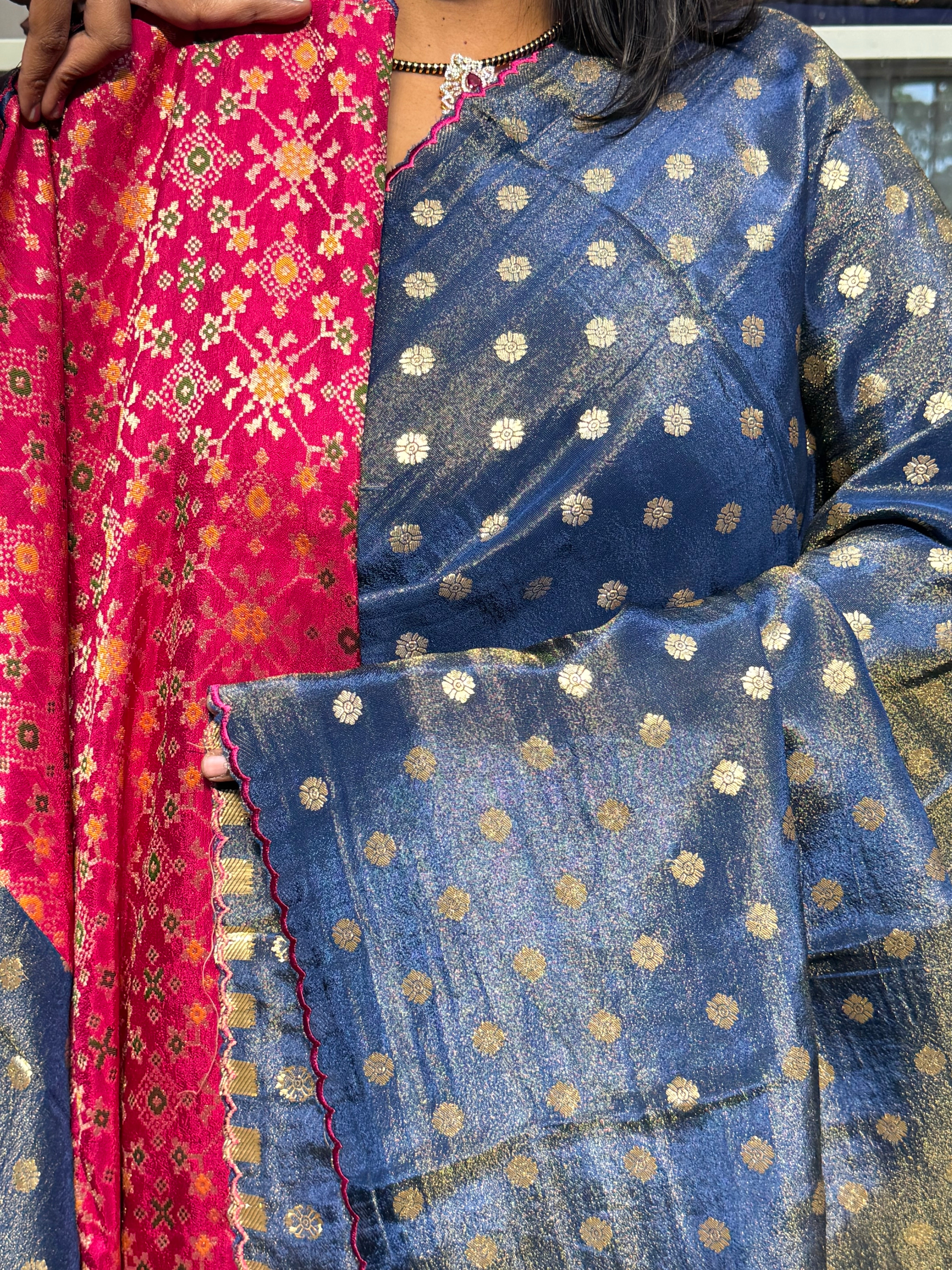 PURE TISSUE SILK SAREE WITH SCALLOP EMBROIDERY AND IKKAT PATOLA BLOUSE: GERMAN BLUE