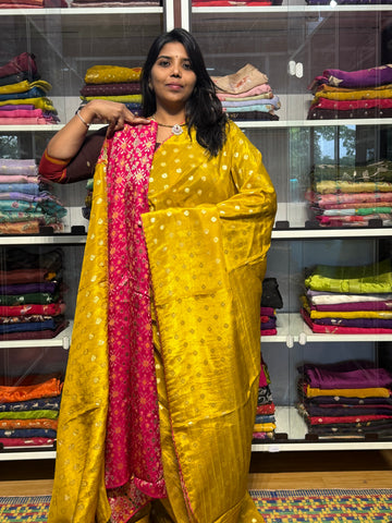 PURE TISSUE SILK SAREE WITH SCALLOP EMBROIDERY AND IKKAT PATOLA BLOUSE: MUSTARD YELLOW