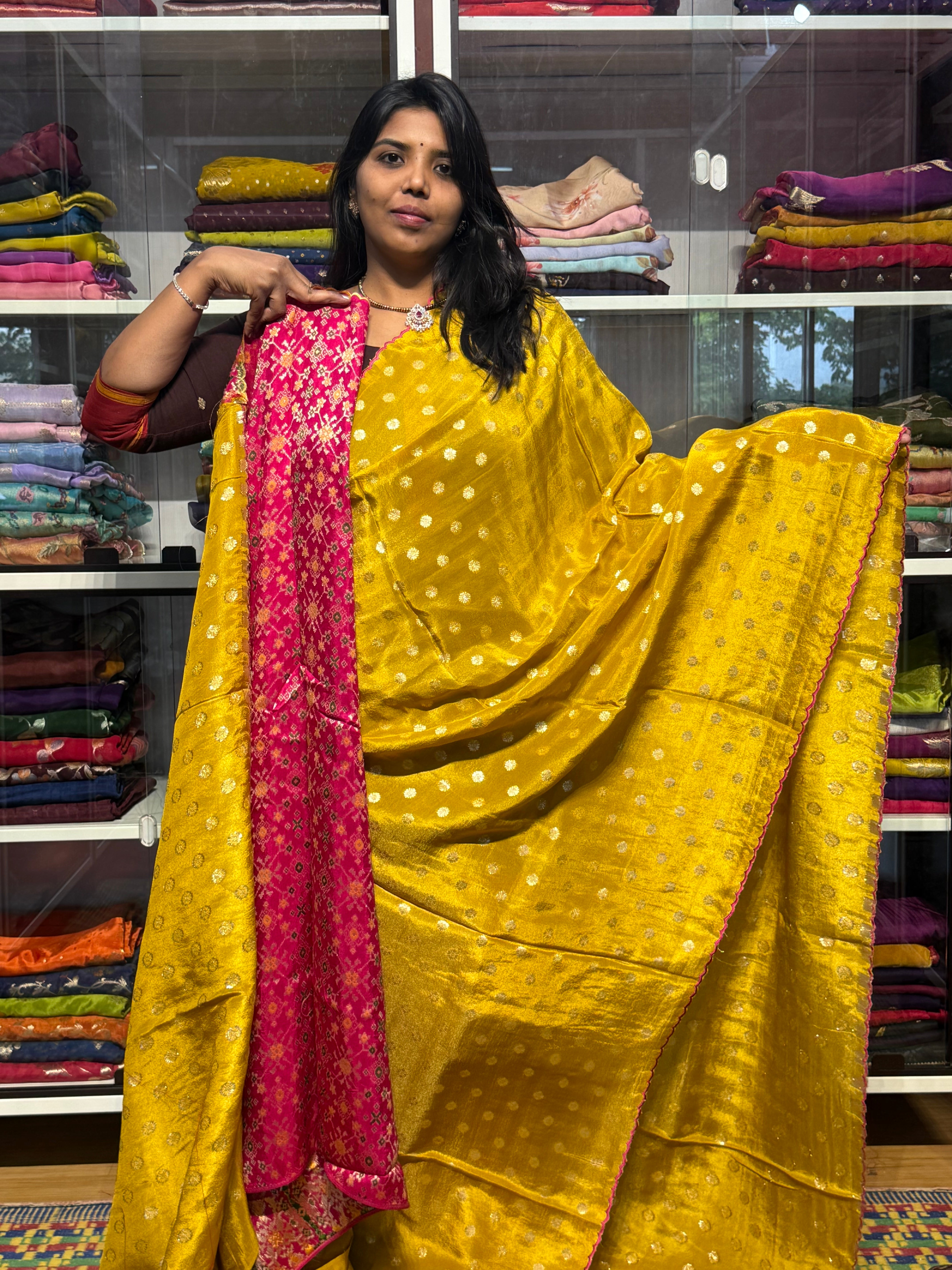 PURE TISSUE SILK SAREE WITH SCALLOP EMBROIDERY AND IKKAT PATOLA BLOUSE: MUSTARD YELLOW
