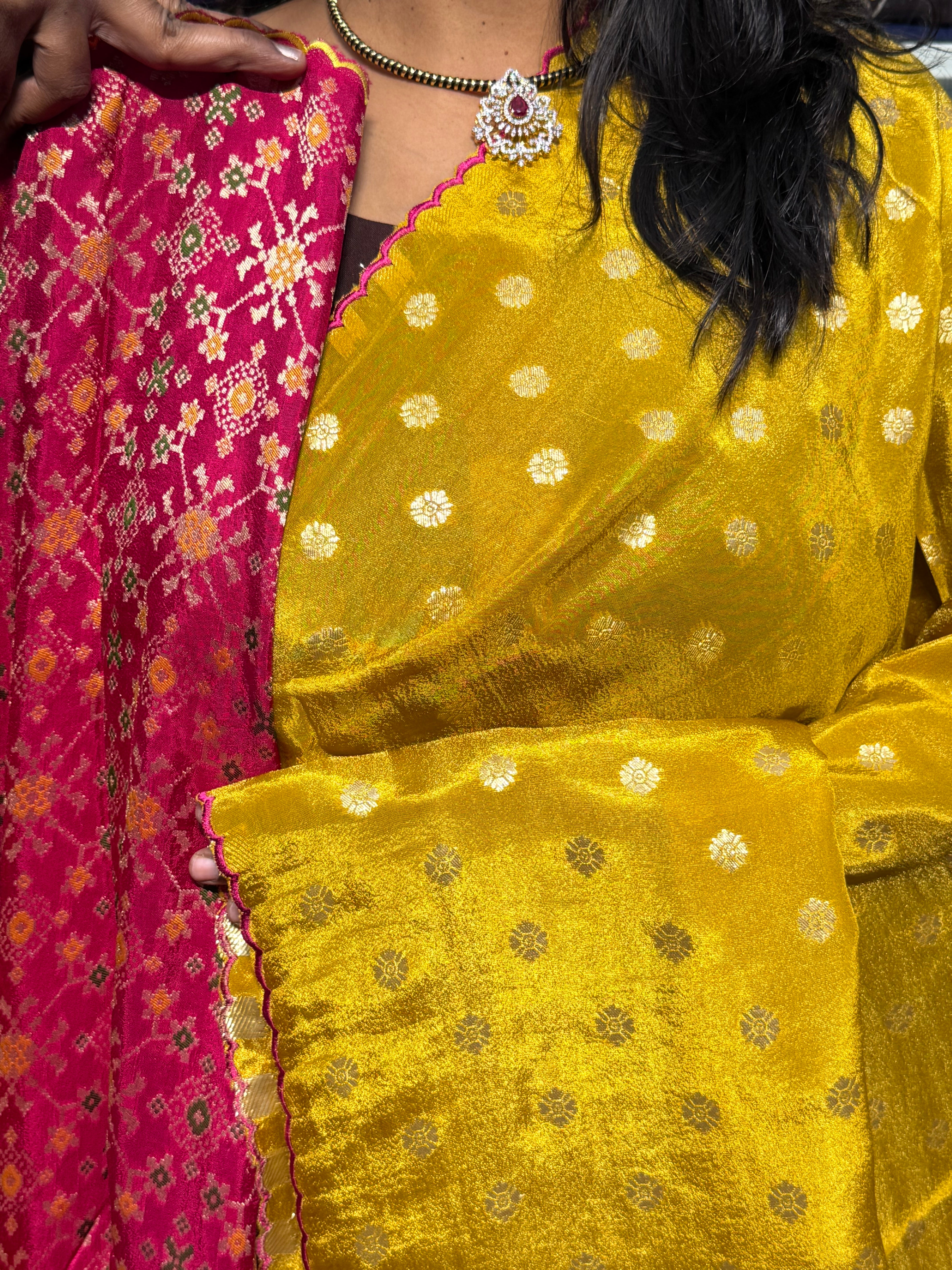 PURE TISSUE SILK SAREE WITH SCALLOP EMBROIDERY AND IKKAT PATOLA BLOUSE: MUSTARD YELLOW