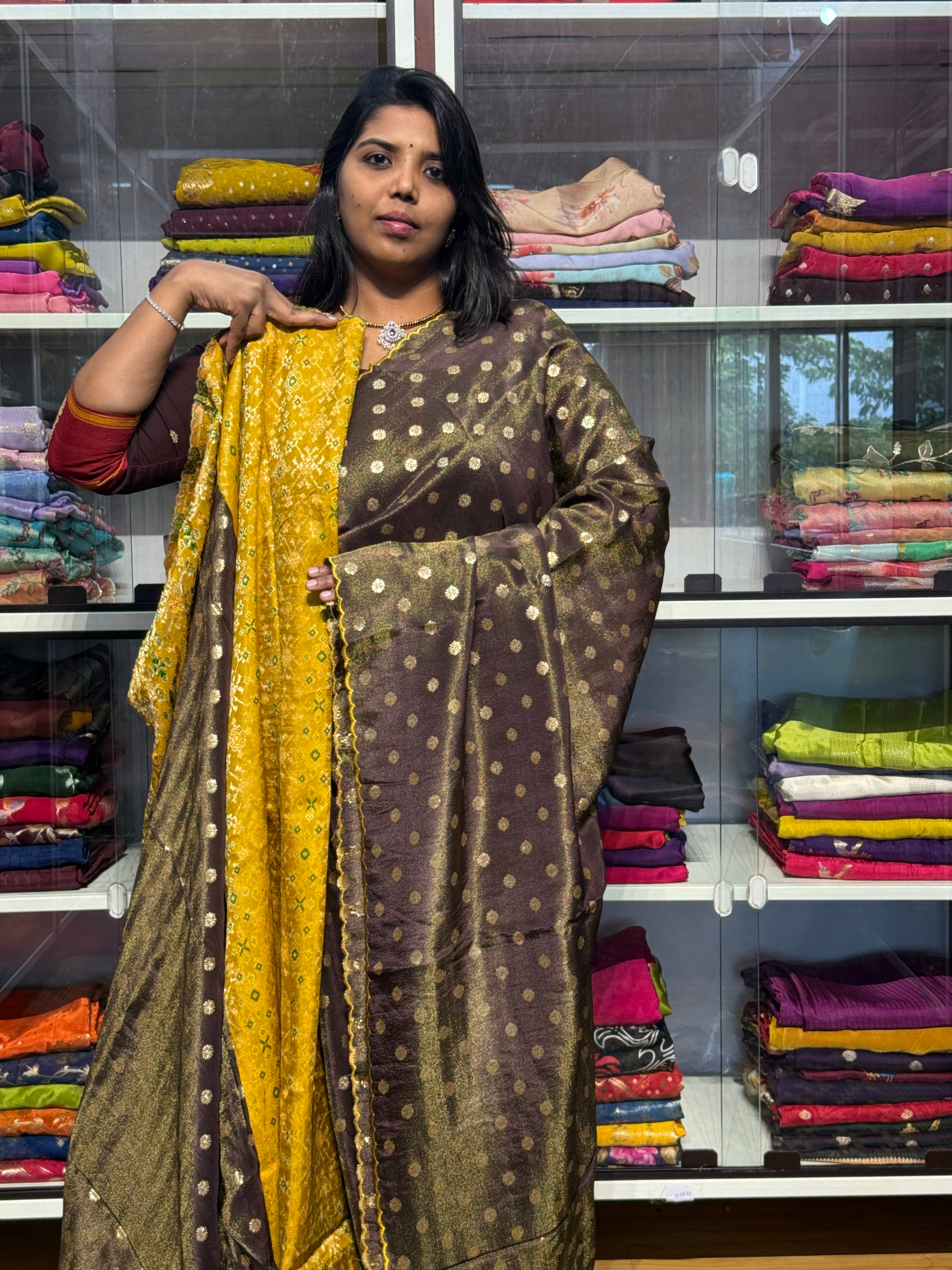 PURE TISSUE SILK SAREE WITH SCALLOP EMBROIDERY AND IKKAT PATOLA BLOUSE: CHOCLATE BROWN