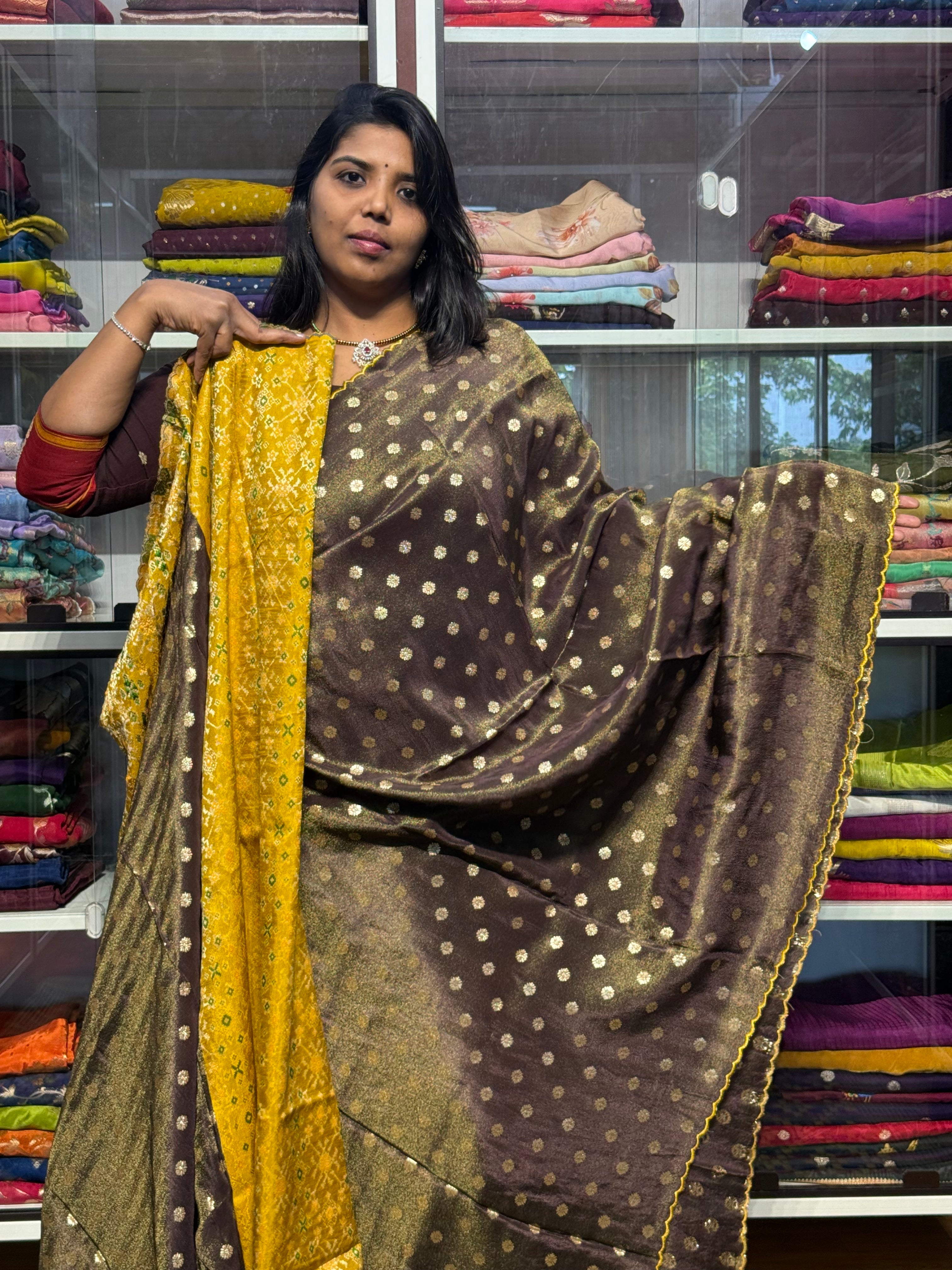 PURE TISSUE SILK SAREE WITH SCALLOP EMBROIDERY AND IKKAT PATOLA BLOUSE: CHOCLATE BROWN