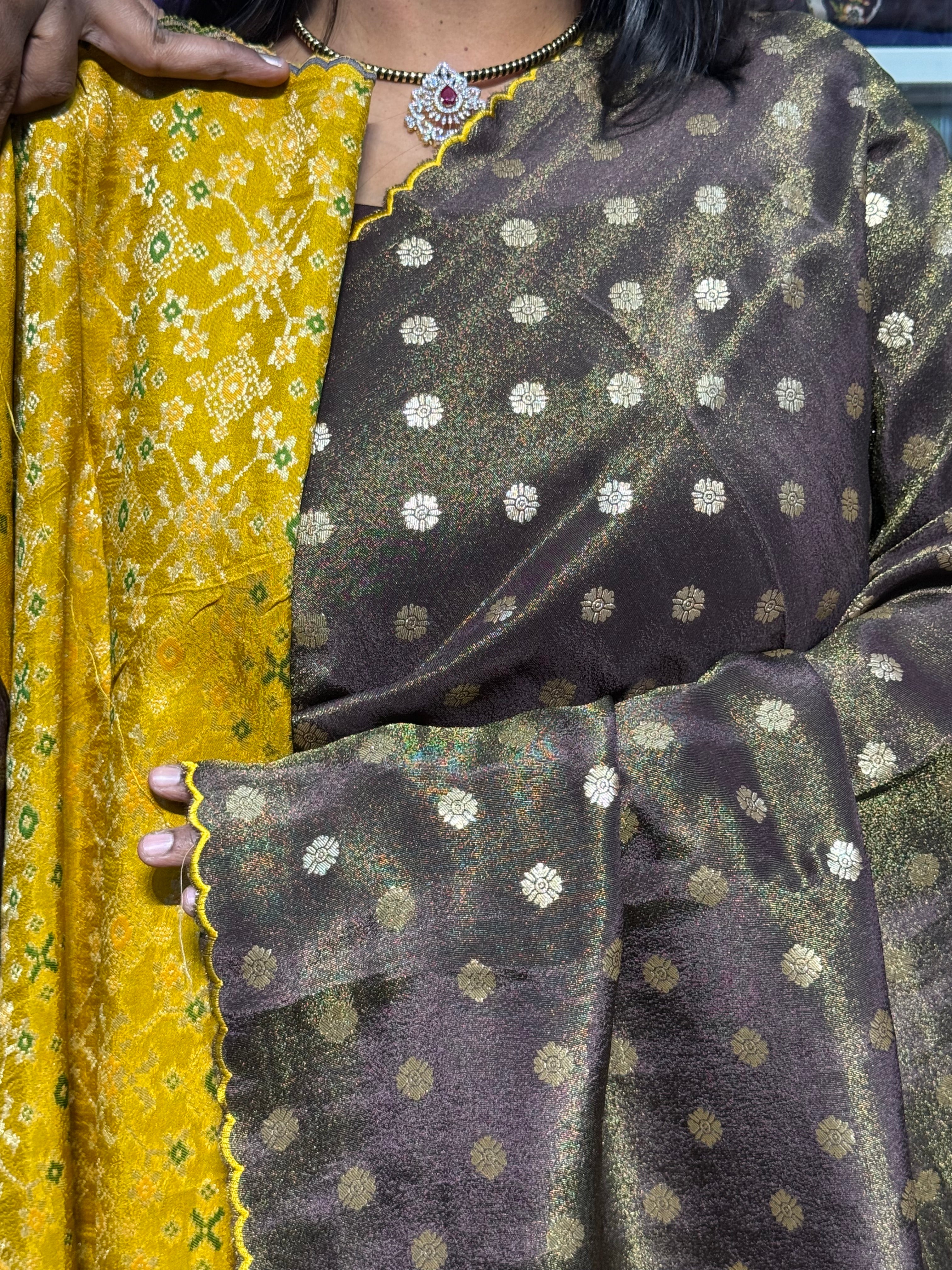 PURE TISSUE SILK SAREE WITH SCALLOP EMBROIDERY AND IKKAT PATOLA BLOUSE: CHOCLATE BROWN