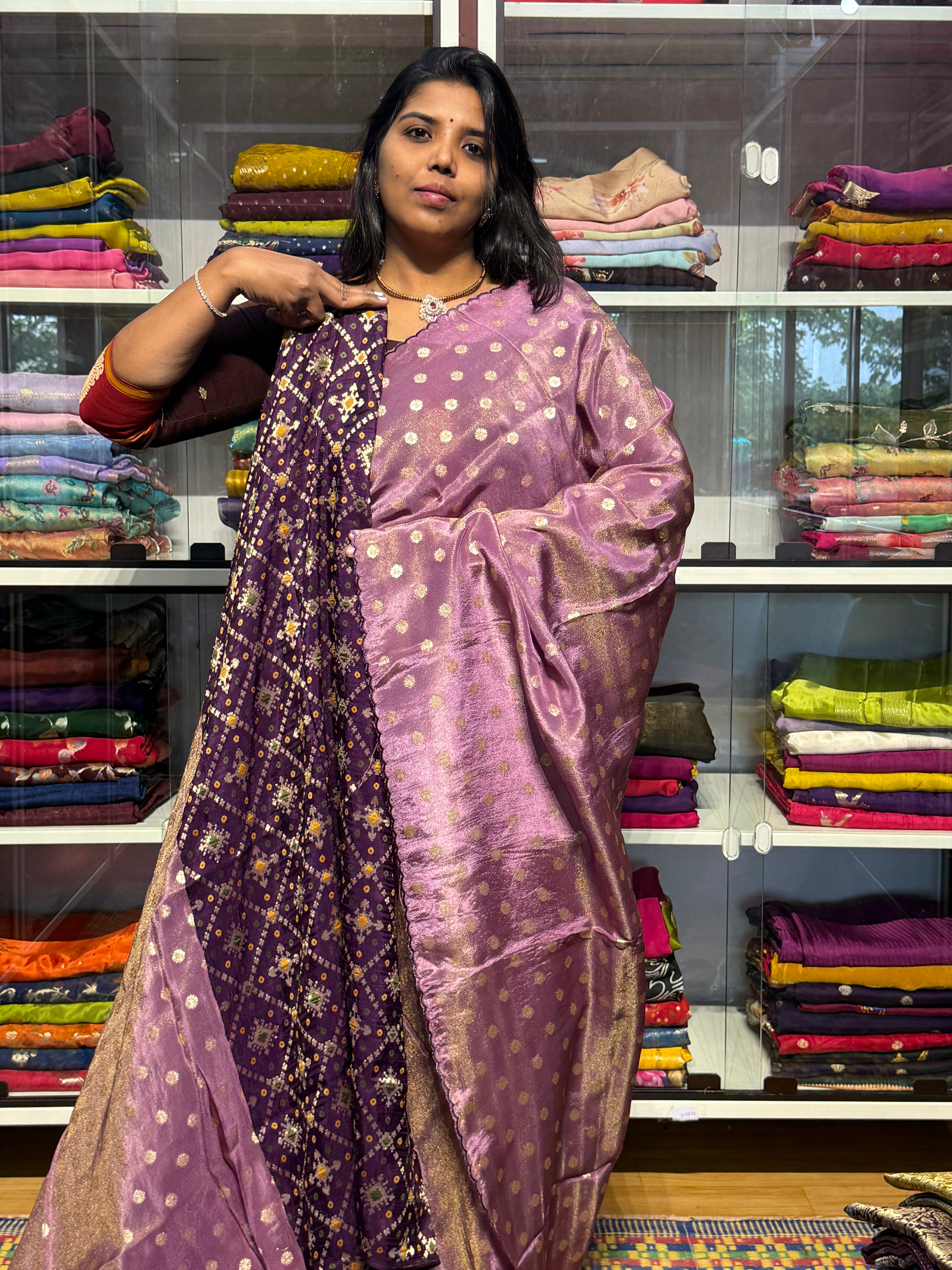 PURE TISSUE SILK SAREE WITH SCALLOP EMBROIDERY AND IKKAT PATOLA BLOUSE: LILAC