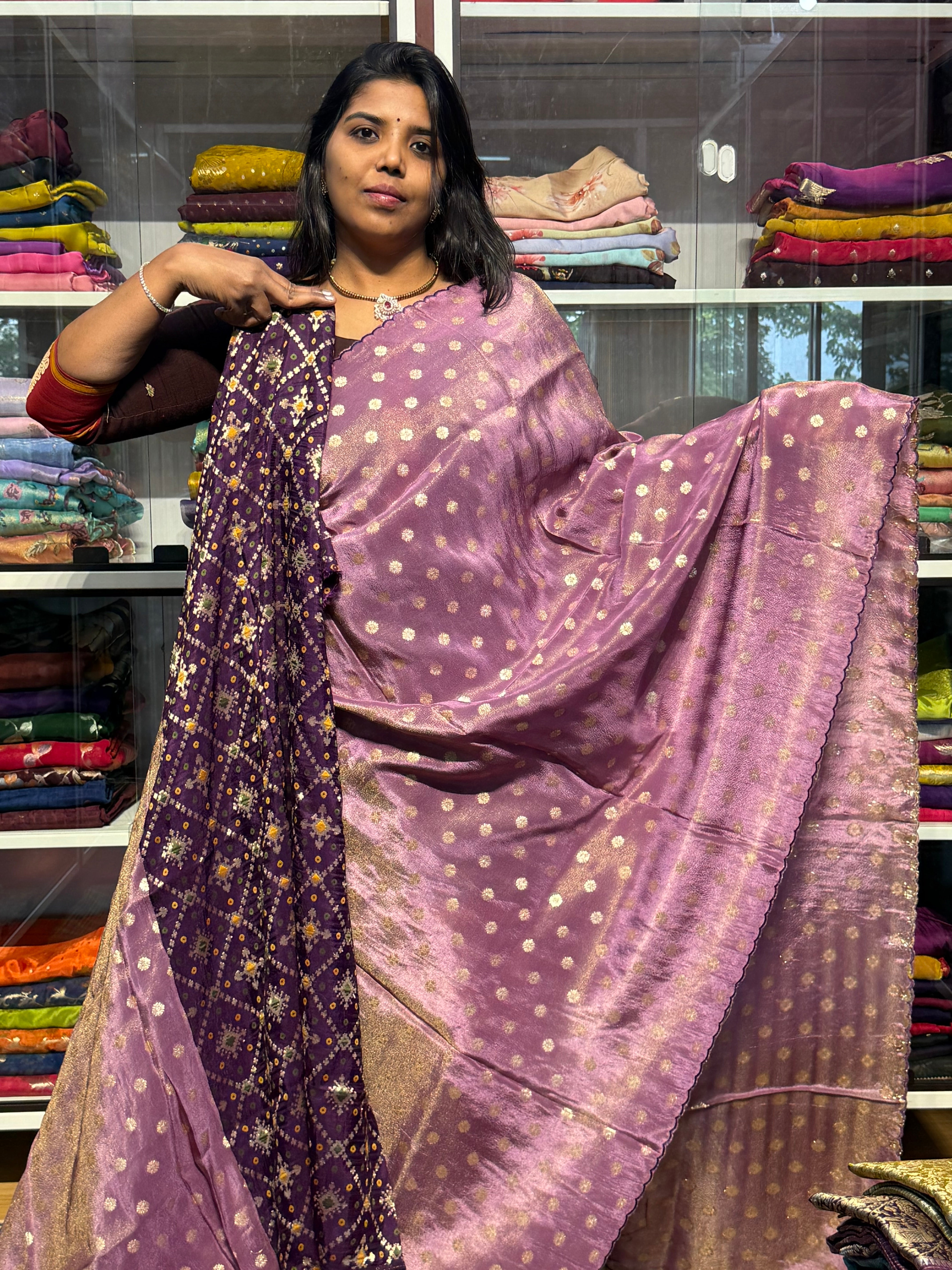 PURE TISSUE SILK SAREE WITH SCALLOP EMBROIDERY AND IKKAT PATOLA BLOUSE: LILAC