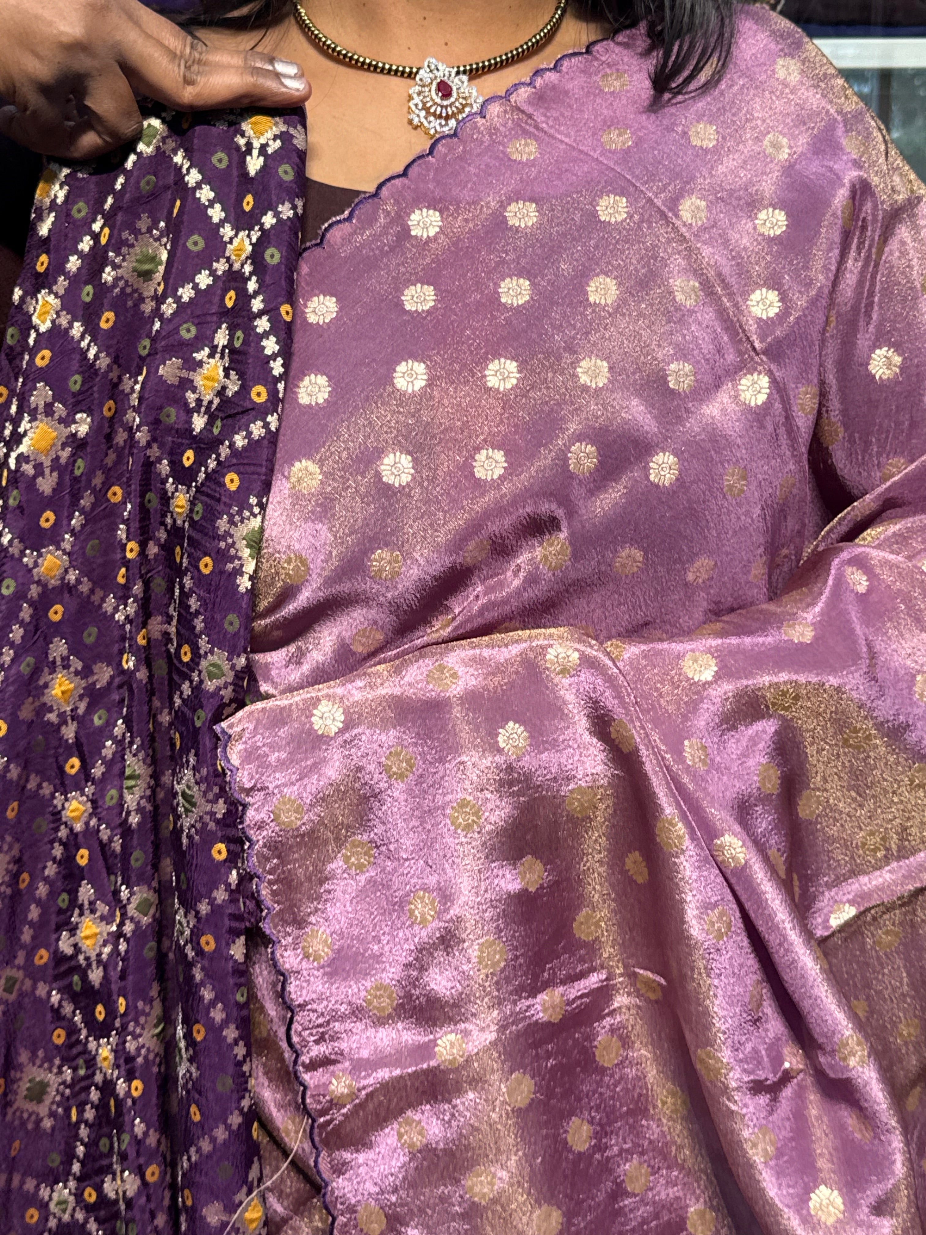 PURE TISSUE SILK SAREE WITH SCALLOP EMBROIDERY AND IKKAT PATOLA BLOUSE: LILAC