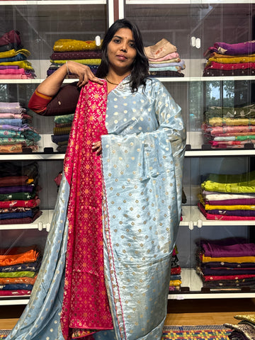 PURE TISSUE SILK SAREE WITH SCALLOP EMBROIDERY AND IKKAT PATOLA BLOUSE: SKY BLUE