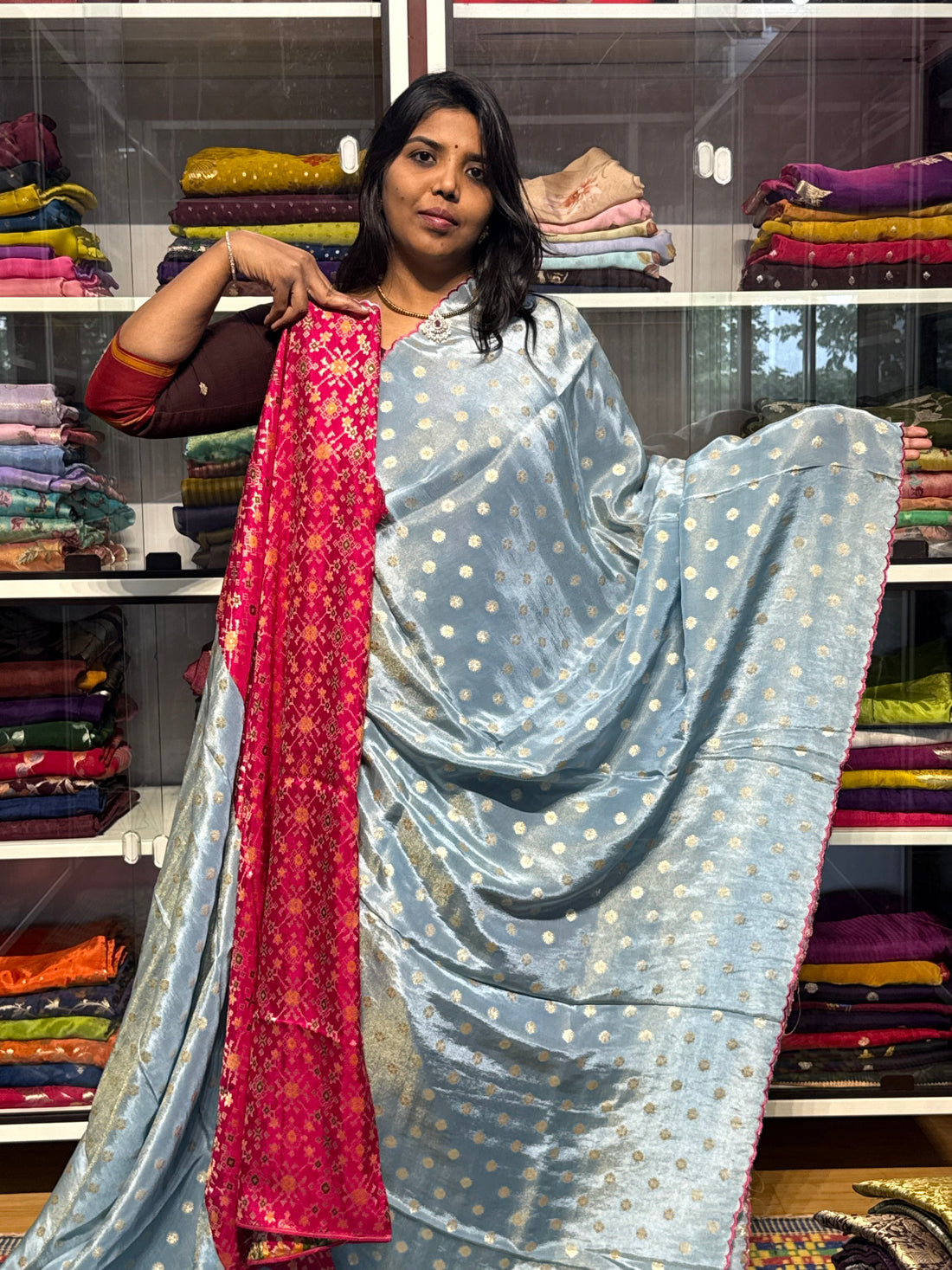 PURE TISSUE SILK SAREE WITH SCALLOP EMBROIDERY AND IKKAT PATOLA BLOUSE: SKY BLUE