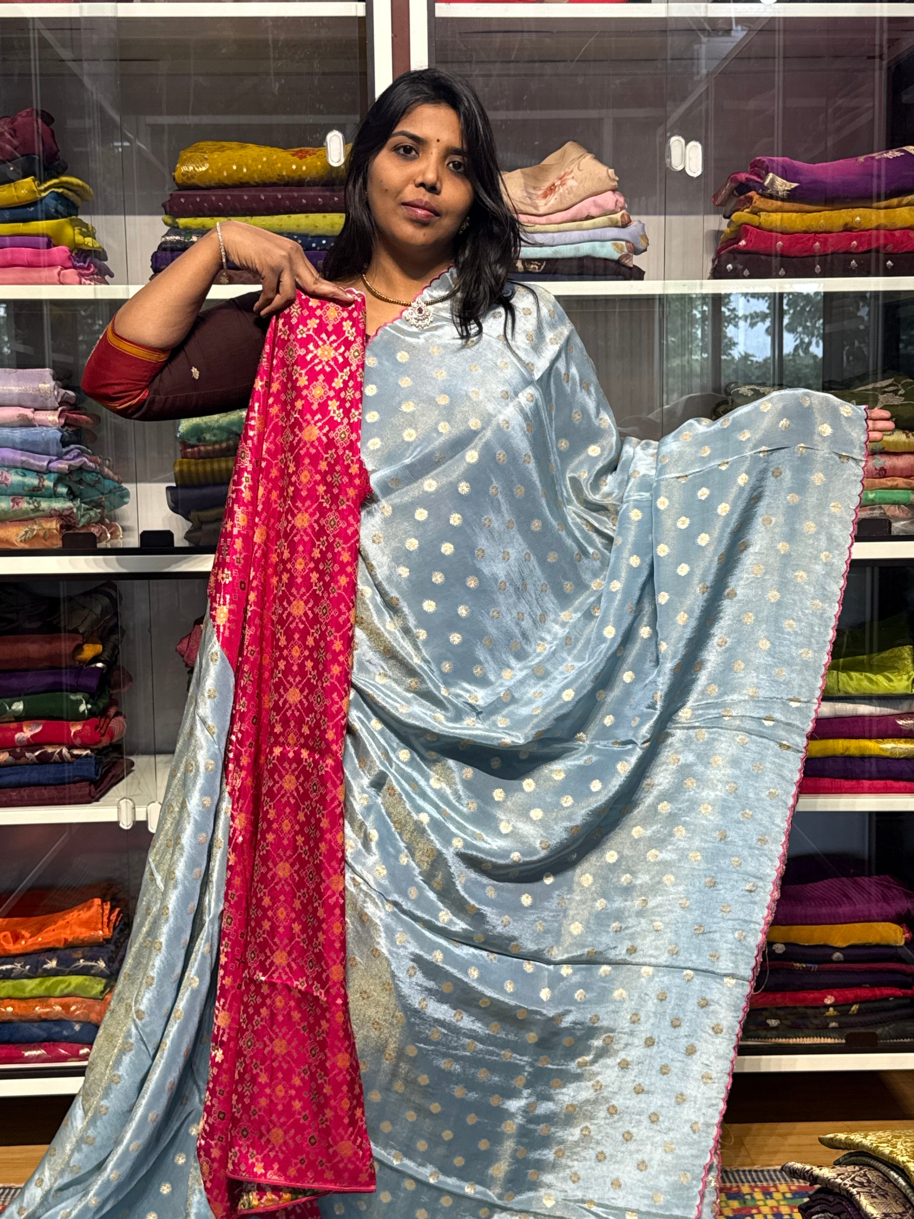 PURE TISSUE SILK SAREE WITH SCALLOP EMBROIDERY AND IKKAT PATOLA BLOUSE: SKY BLUE