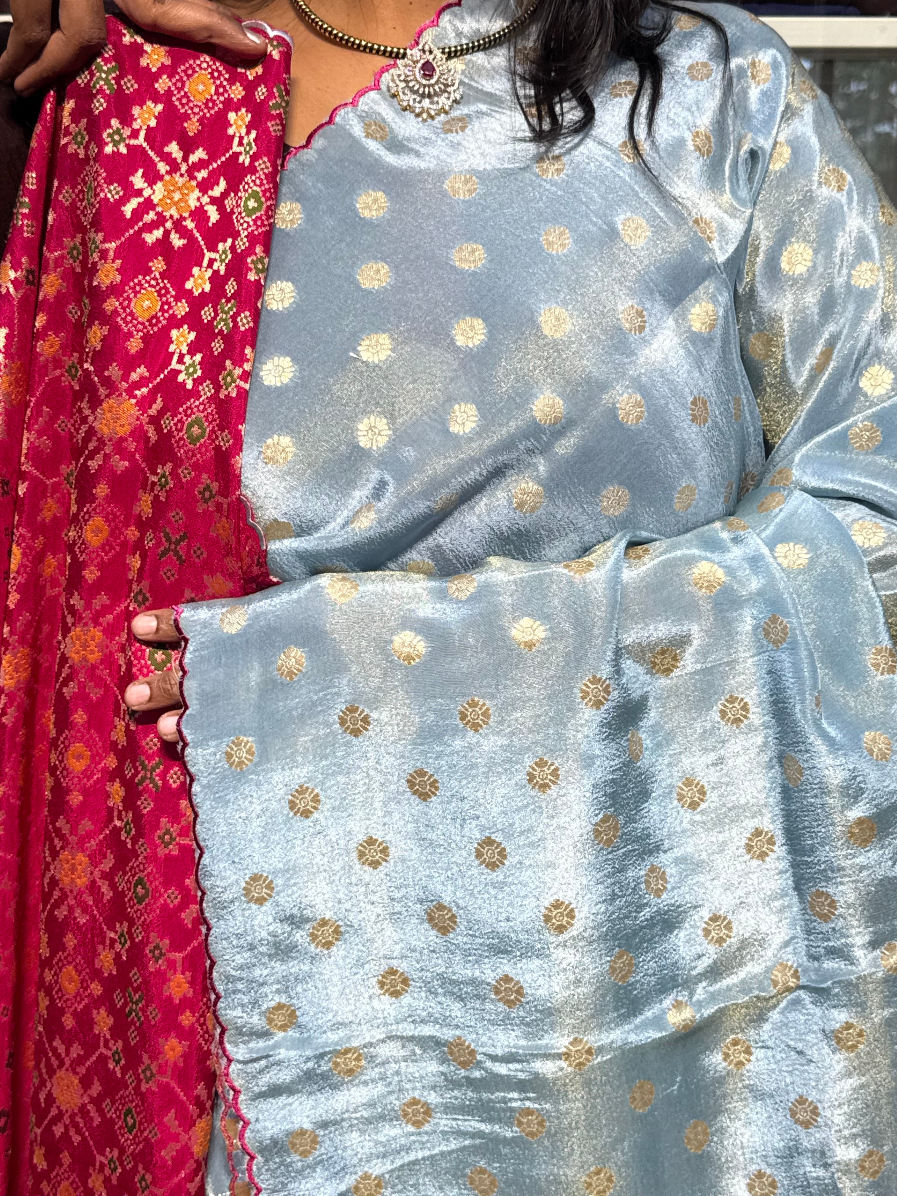 PURE TISSUE SILK SAREE WITH SCALLOP EMBROIDERY AND IKKAT PATOLA BLOUSE: SKY BLUE