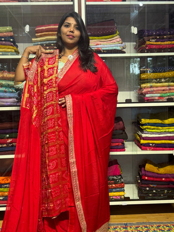 PURE CHIFFON SILK WITH SABYASACHI INSPIRED LACE AND BANDINI GARCHOLA BLOUSE : RED