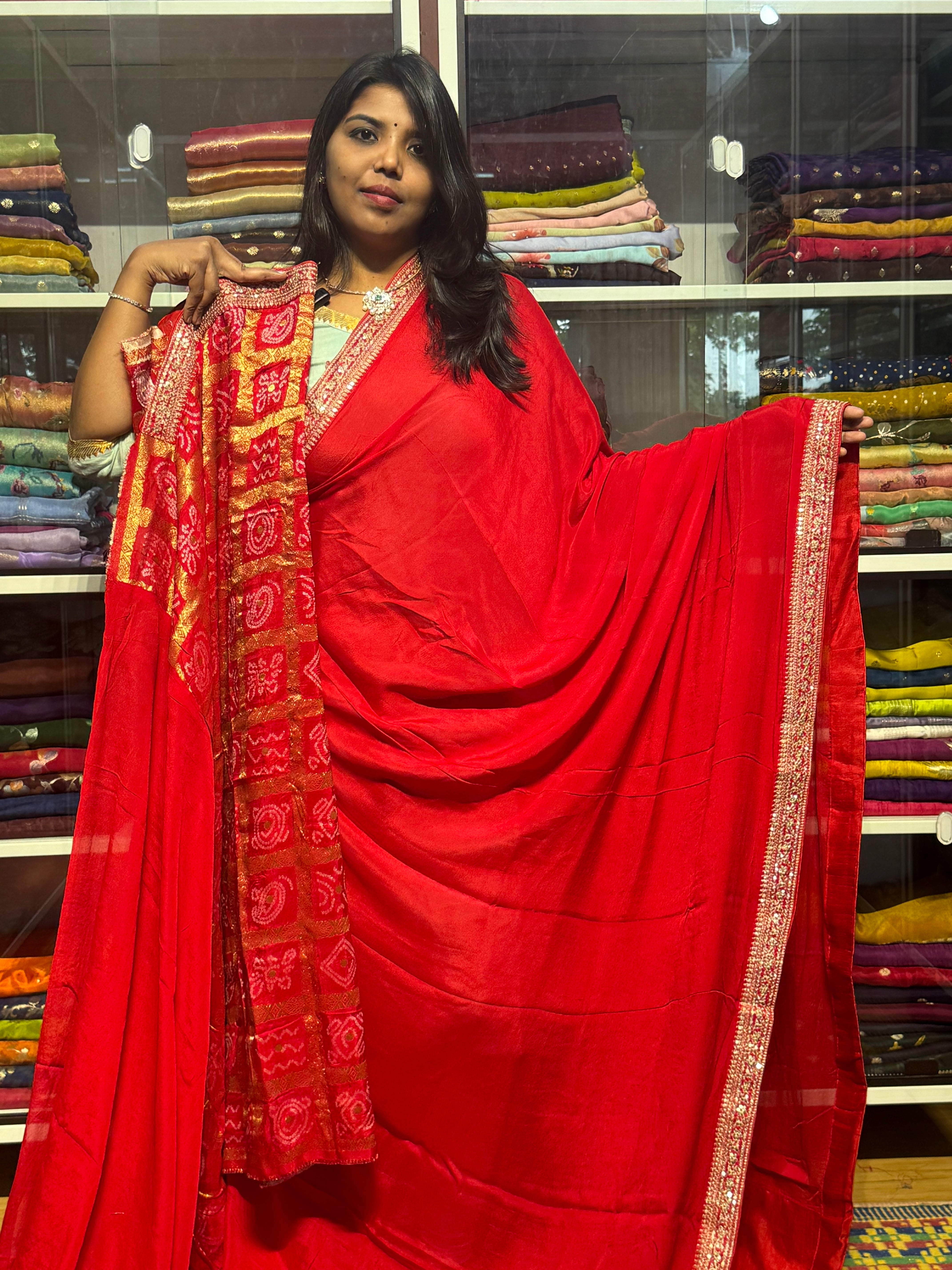 PURE CHIFFON SILK WITH SABYASACHI INSPIRED LACE AND BANDINI GARCHOLA BLOUSE : RED