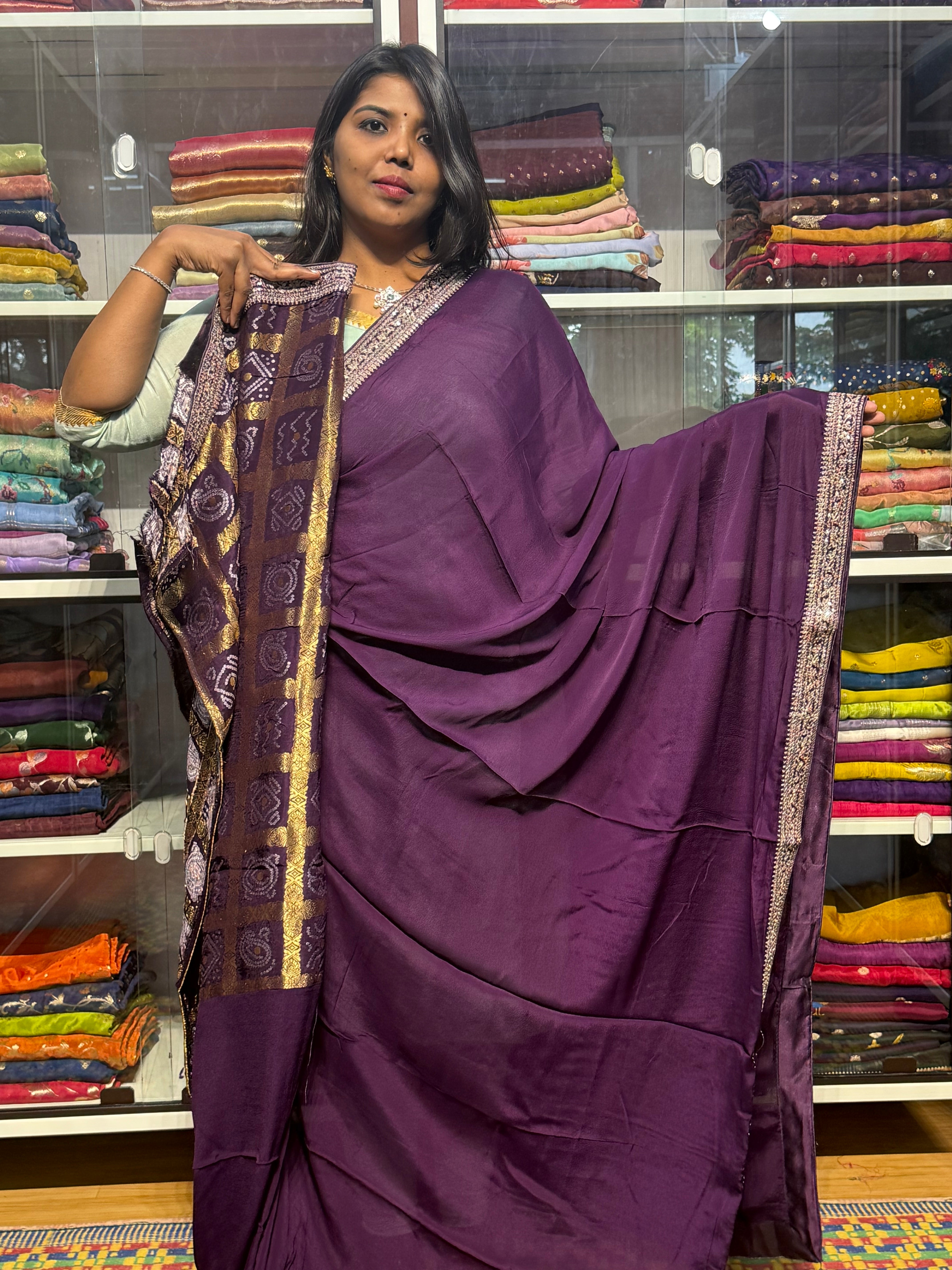 PURE CHIFFON SILK WITH SABYASACHI INSPIRED LACE AND BANDINI GARCHOLA BLOUSE: VOILET