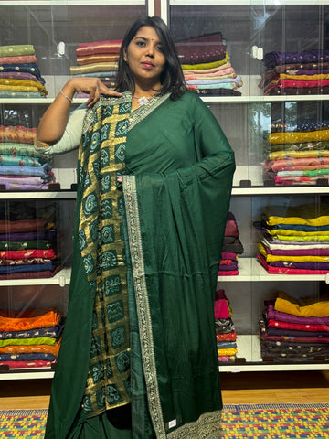 PURE CHIFFON SILK WITH SABYASACHI INSPIRED LACE AND BANDINI GARCHOLA BLOUSE: BOTTLE GREEN