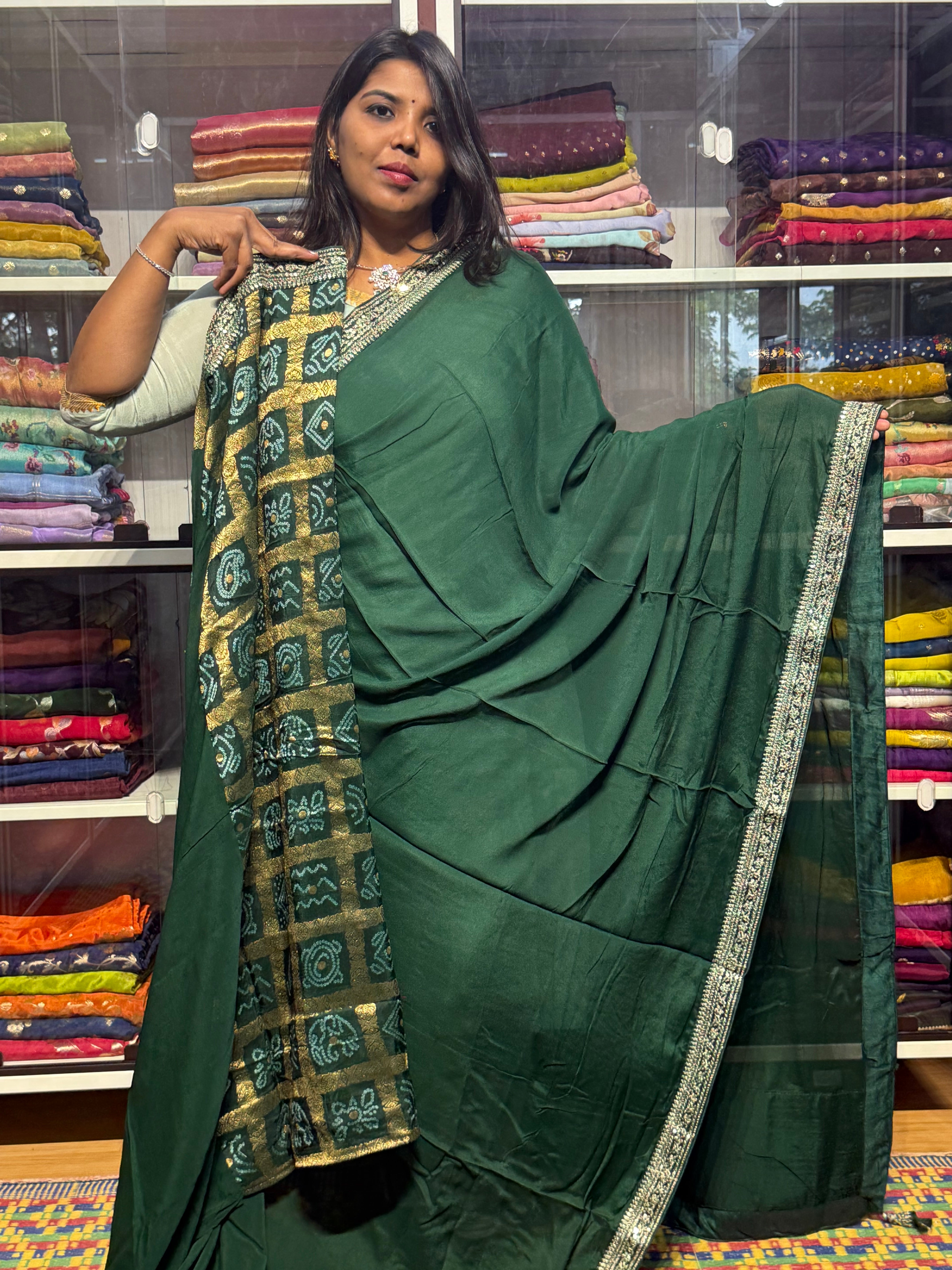 PURE CHIFFON SILK WITH SABYASACHI INSPIRED LACE AND BANDINI GARCHOLA BLOUSE: BOTTLE GREEN