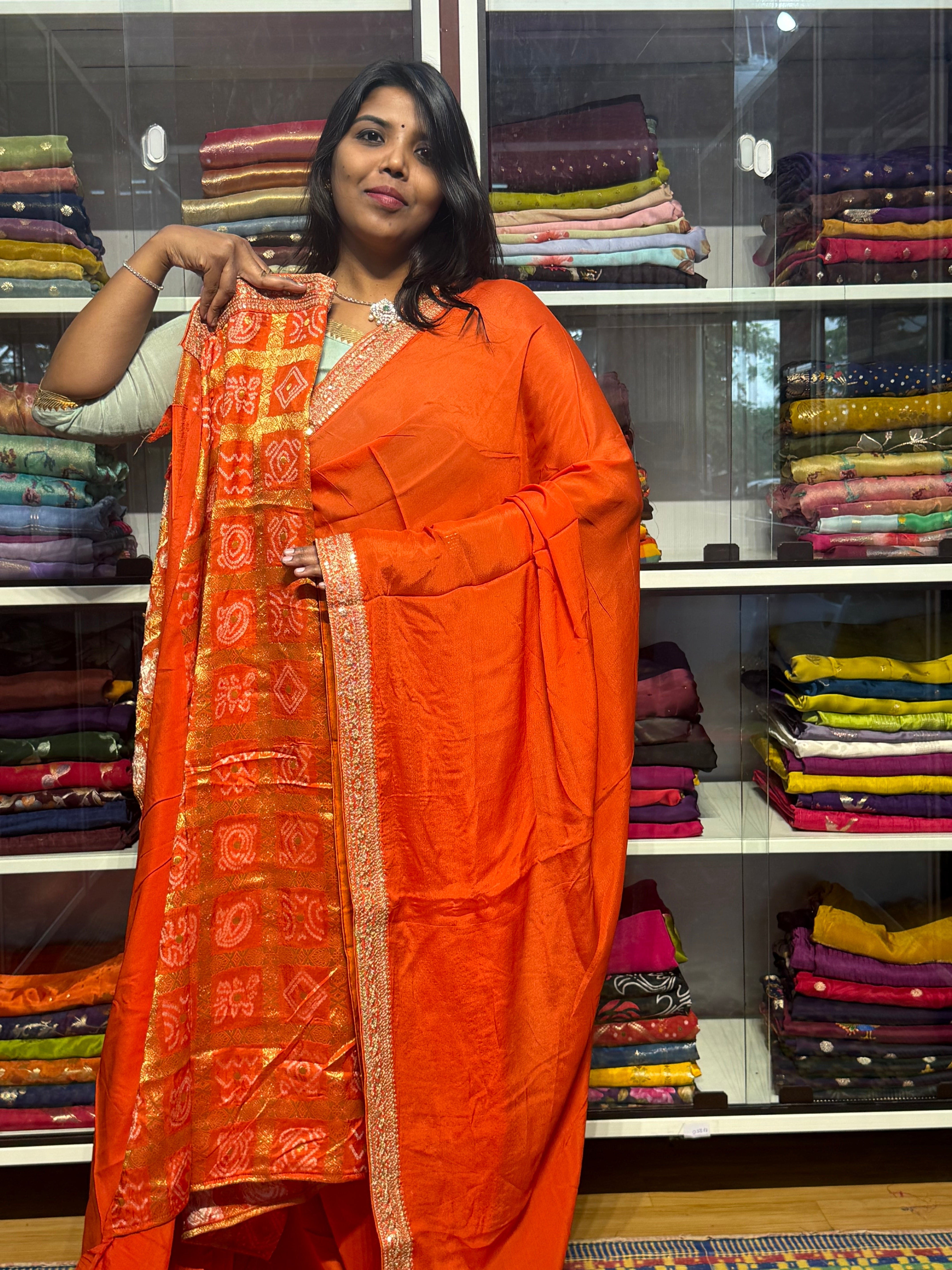 PURE CHIFFON SILK WITH SABYASACHI INSPIRED LACE AND BANDINI GARCHOLA BLOUSE: ORANGE