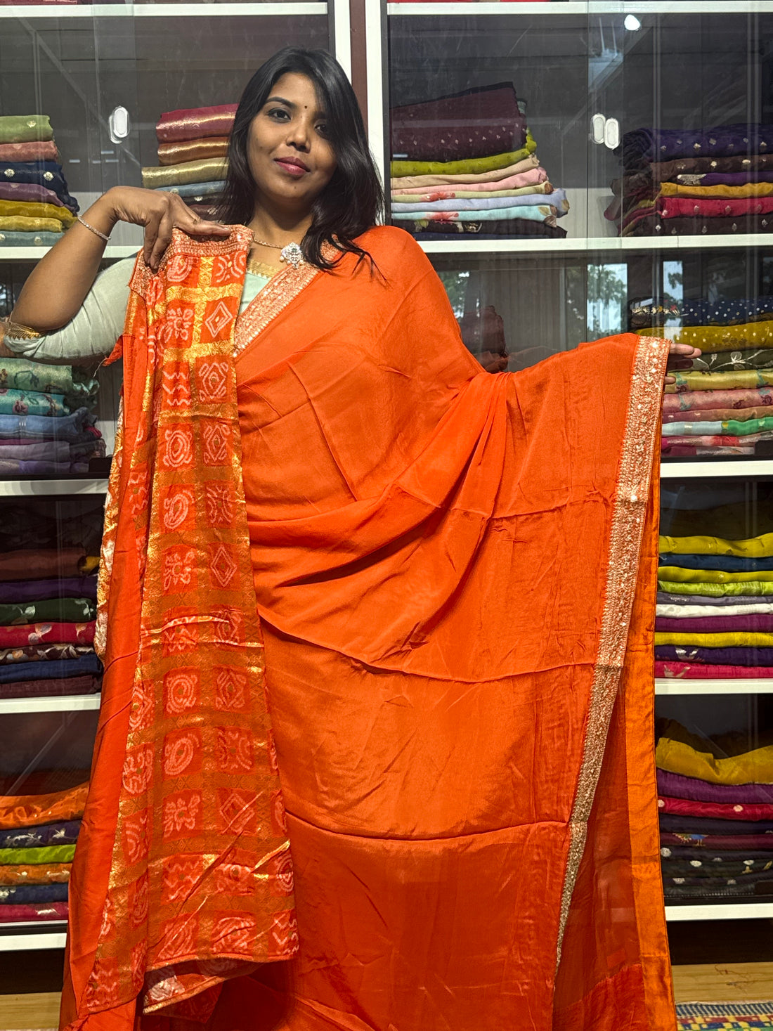 PURE CHIFFON SILK WITH SABYASACHI INSPIRED LACE AND BANDINI GARCHOLA BLOUSE: ORANGE