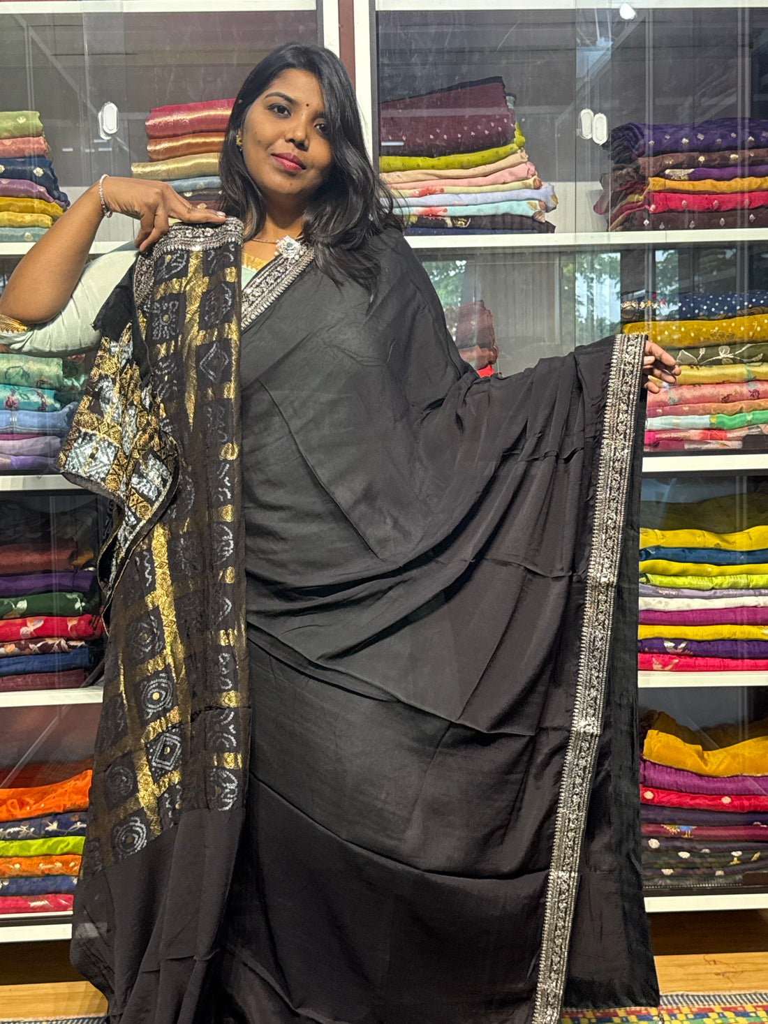 PURE CHIFFON SILK WITH SABYASACHI INSPIRED LACE AND BANDINI GARCHOLA BLOUSE: BLACK