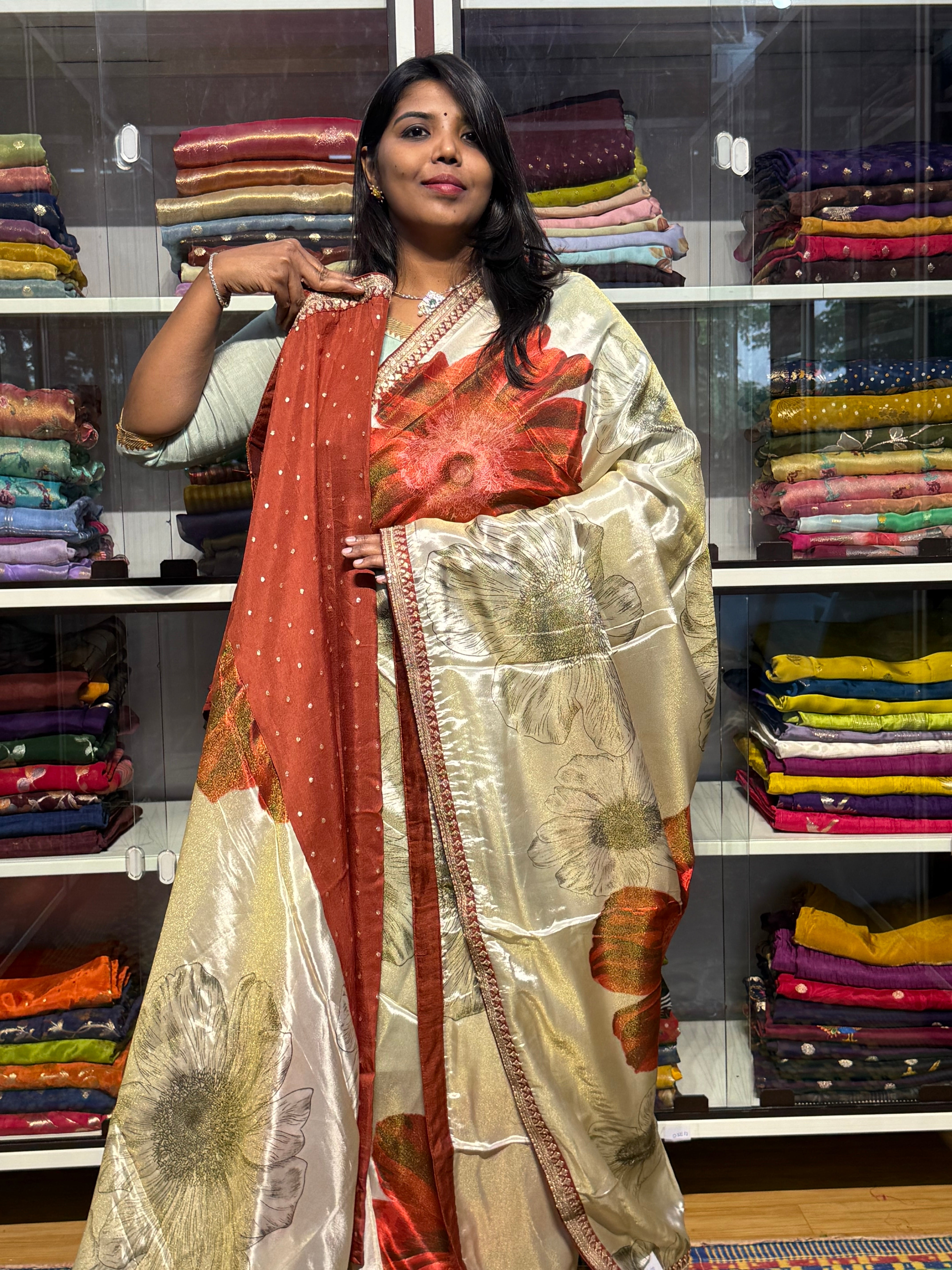 SABYASACHI INSPIRED TISSUE DIGITAL PRINT SAREES: RUST