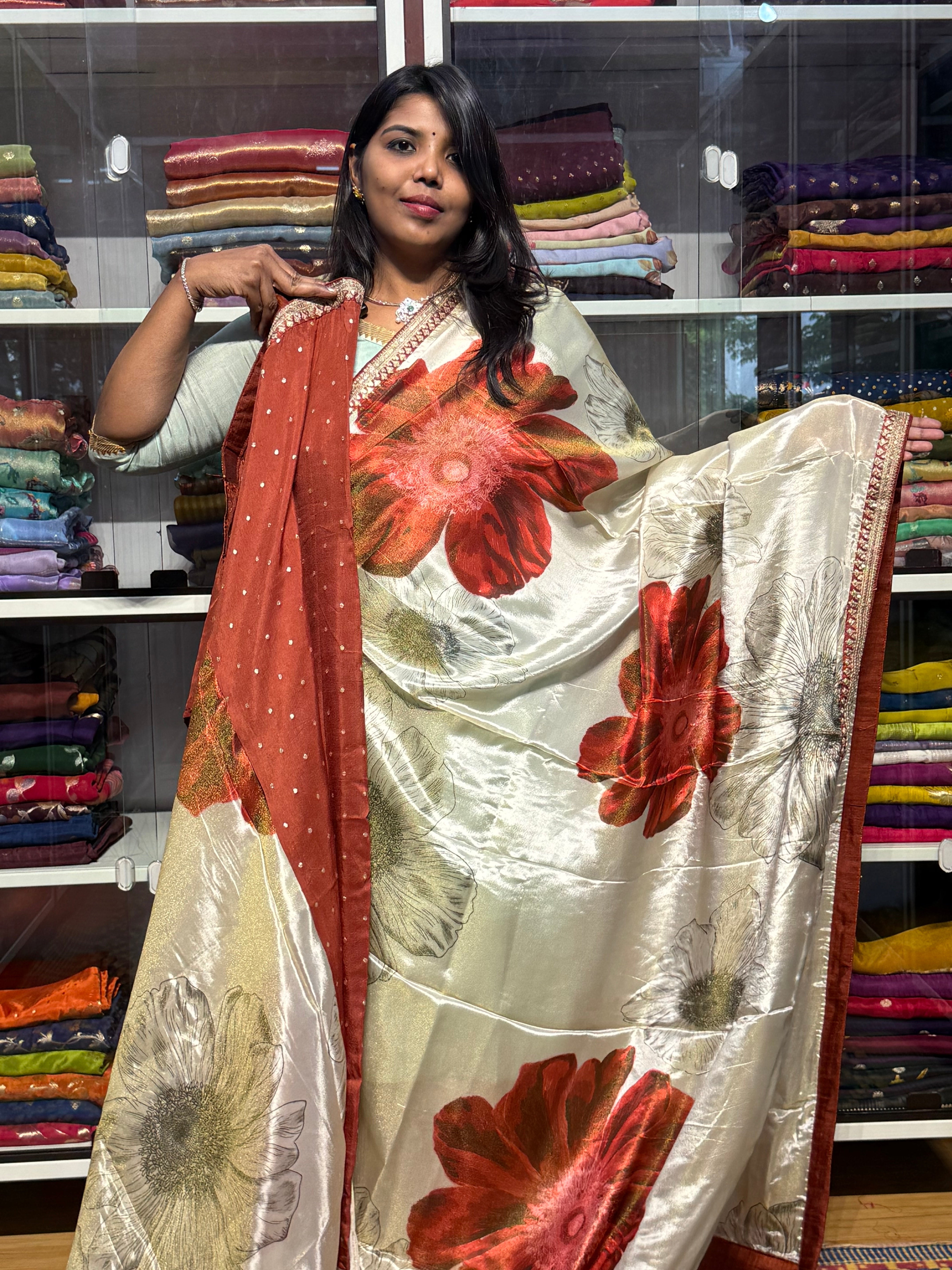 SABYASACHI INSPIRED TISSUE DIGITAL PRINT SAREES: RUST