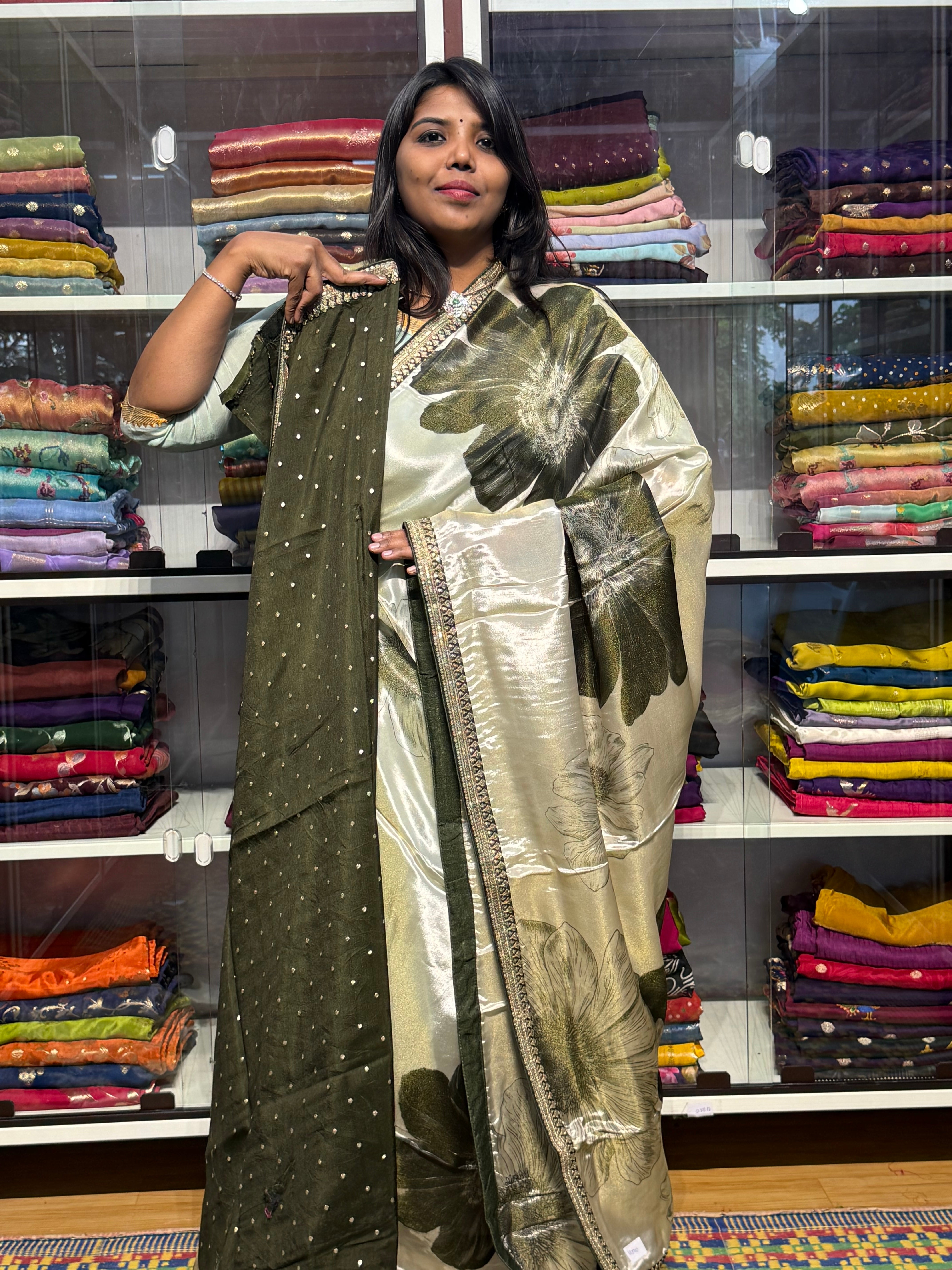 SABYASACHI INSPIRED TISSUE DIGITAL PRINT SAREES: GREEN