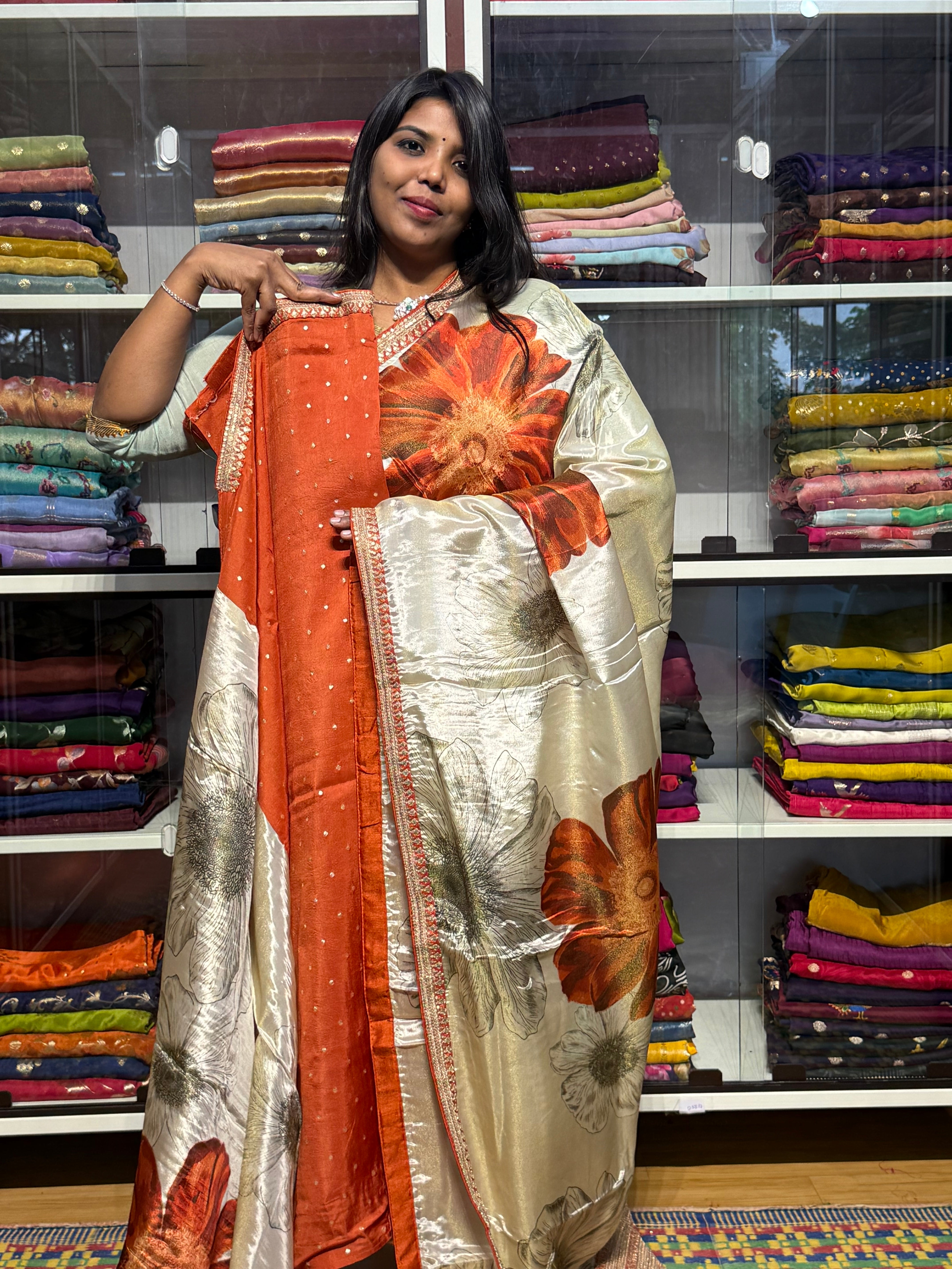 SABYASACHI INSPIRED TISSUE DIGITAL PRINT SAREES: ORANGE
