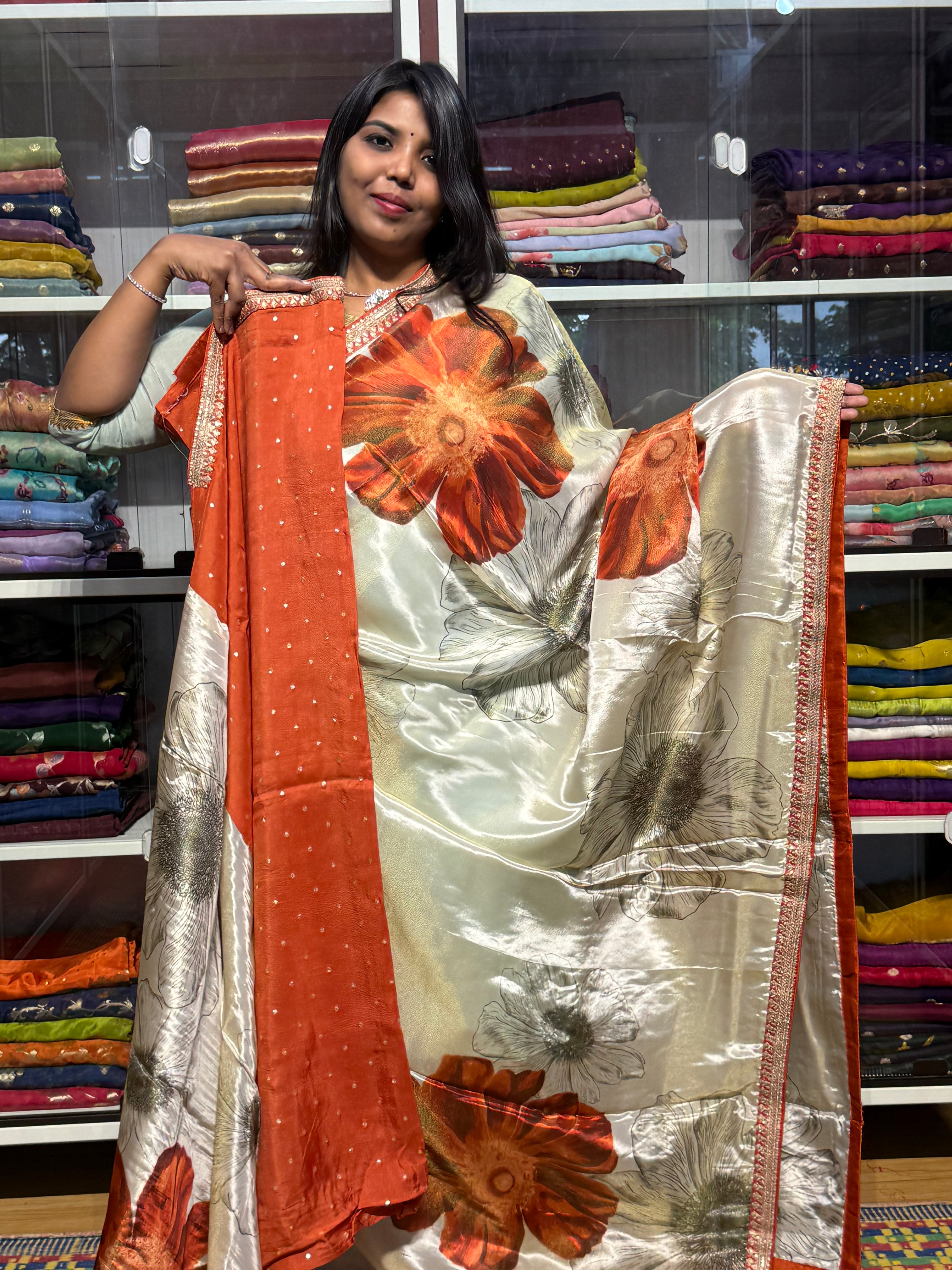 SABYASACHI INSPIRED TISSUE DIGITAL PRINT SAREES: ORANGE