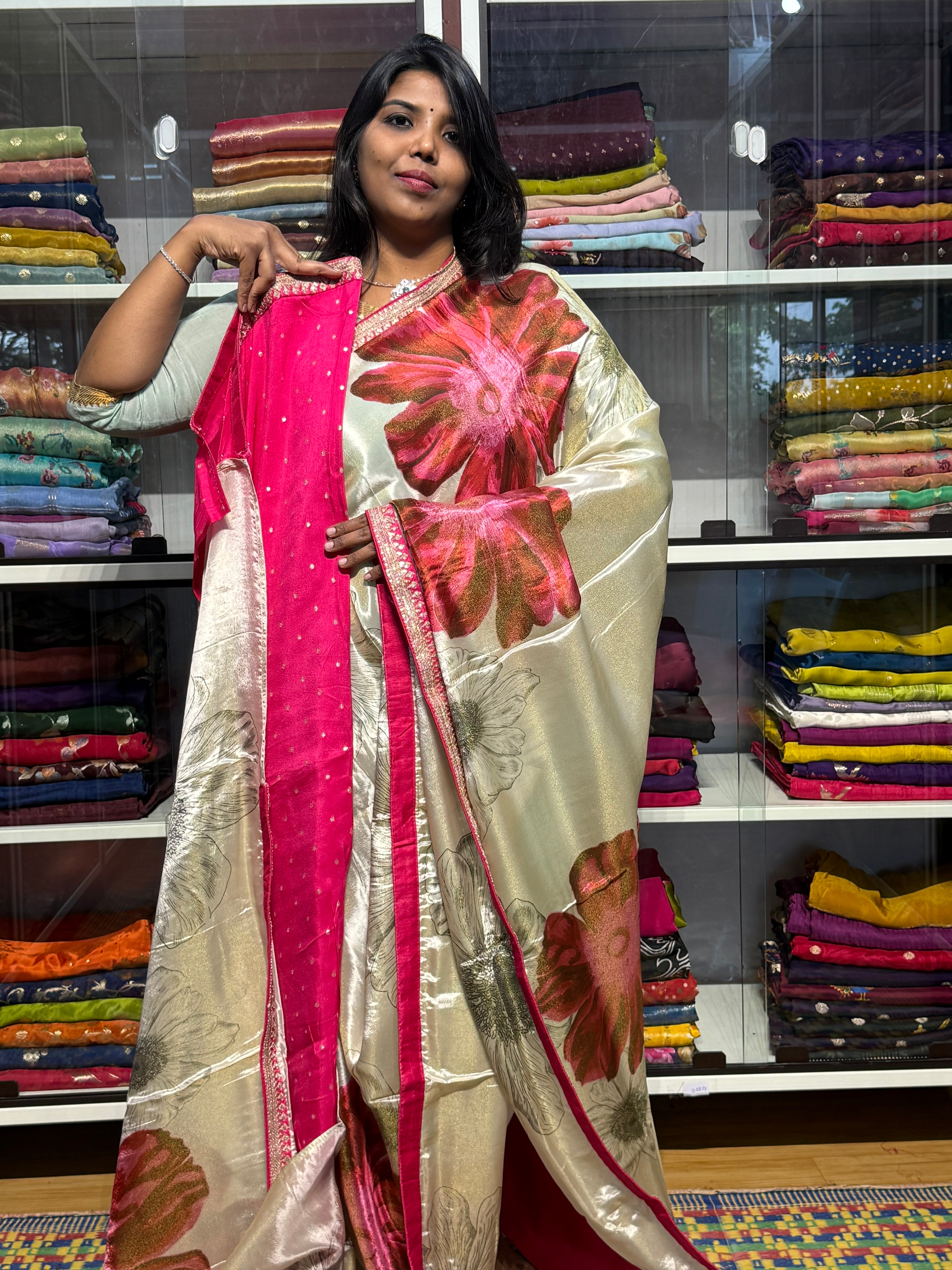 SABYASACHI INSPIRED TISSUE DIGITAL PRINT SAREES: PINK